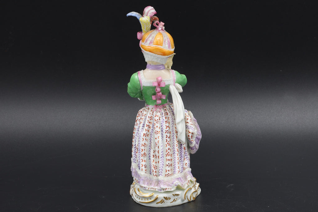 Antique Meissen Porcelain Art Figure Of A Young Girl With Toy Lamb And Feathered Cap. Folk European Farm Lady, 19th Century Germany