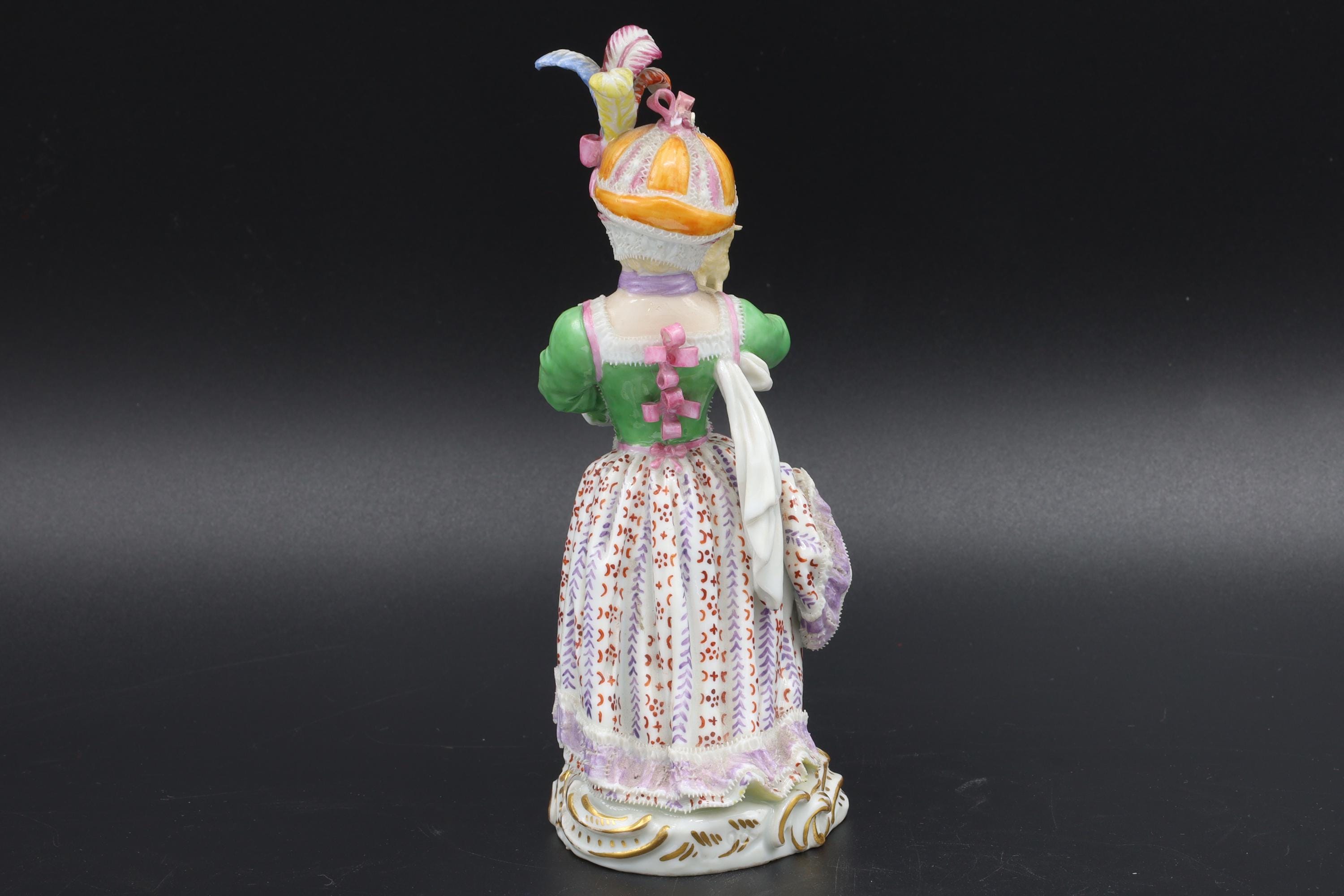 Antique Meissen Porcelain Art Figure Of A Young Girl With Toy Lamb And Feathered Cap. Folk European Farm Lady, 19th Century Germany