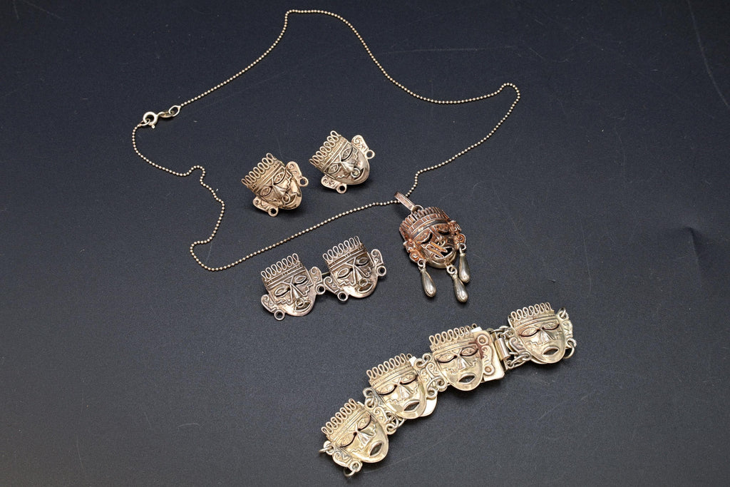 Taxco Mexico Jewelry Set, Pendant Necklace, Brooch, Bracelet, Earrings, Warrior Aztec Mask In Art Deco Style, Vintage 1940s Sterling Silver