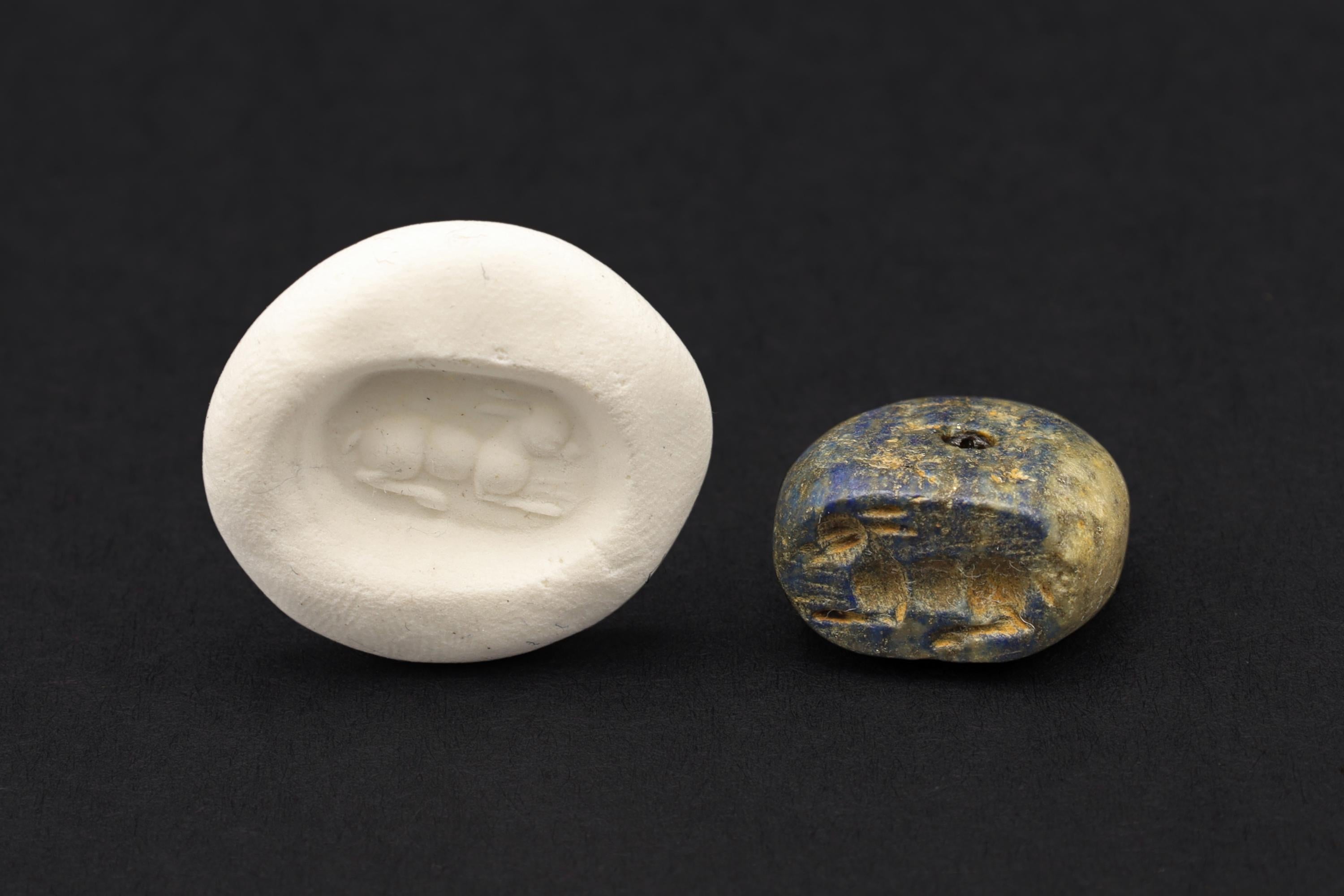 Ancient Elam Civilization, Carved Lapis lazuli Seal Stamp With Ram Sheep Animal, Pendant Bead, Circa 2nd Millenium BCE, Antiquities Art