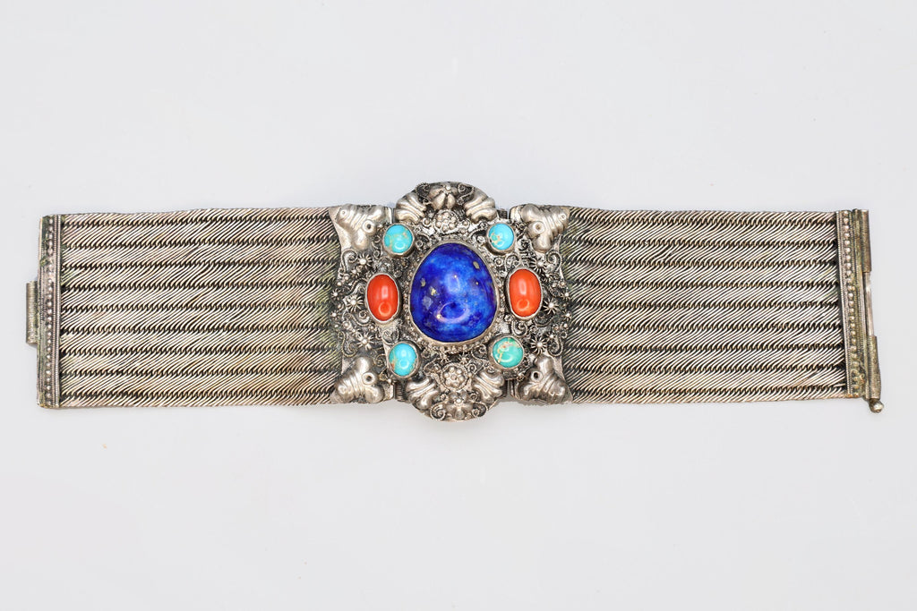 Vintage 1980s Southwestern Americana Jewelry, Wide Sterling Mesh And Gemstones Bracelet