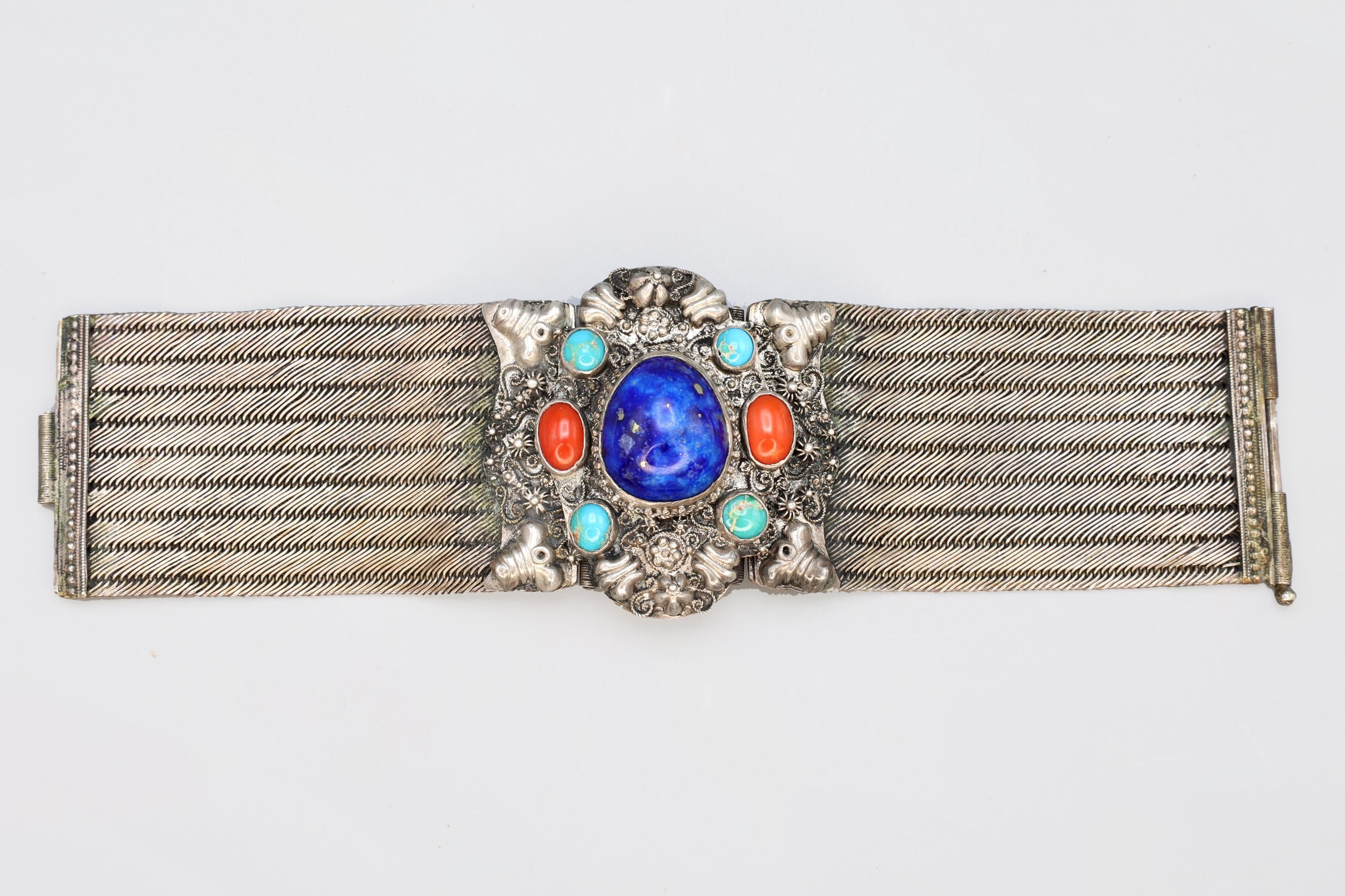 Vintage 1980s Southwestern Americana Jewelry, Wide Sterling Mesh And Gemstones Bracelet