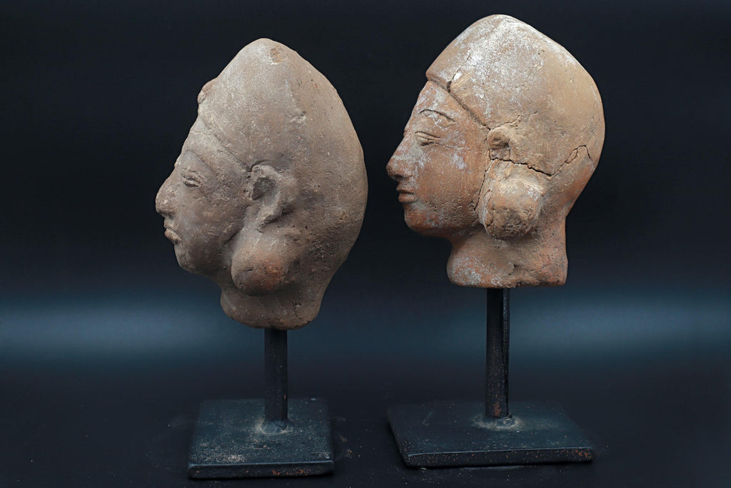 Majapahit Terracotta Heads, A Pair Of Female Sculptures On Metal Stands, East Java, Indonesia, Ethnic Southeast Asia Home Decoration Accents