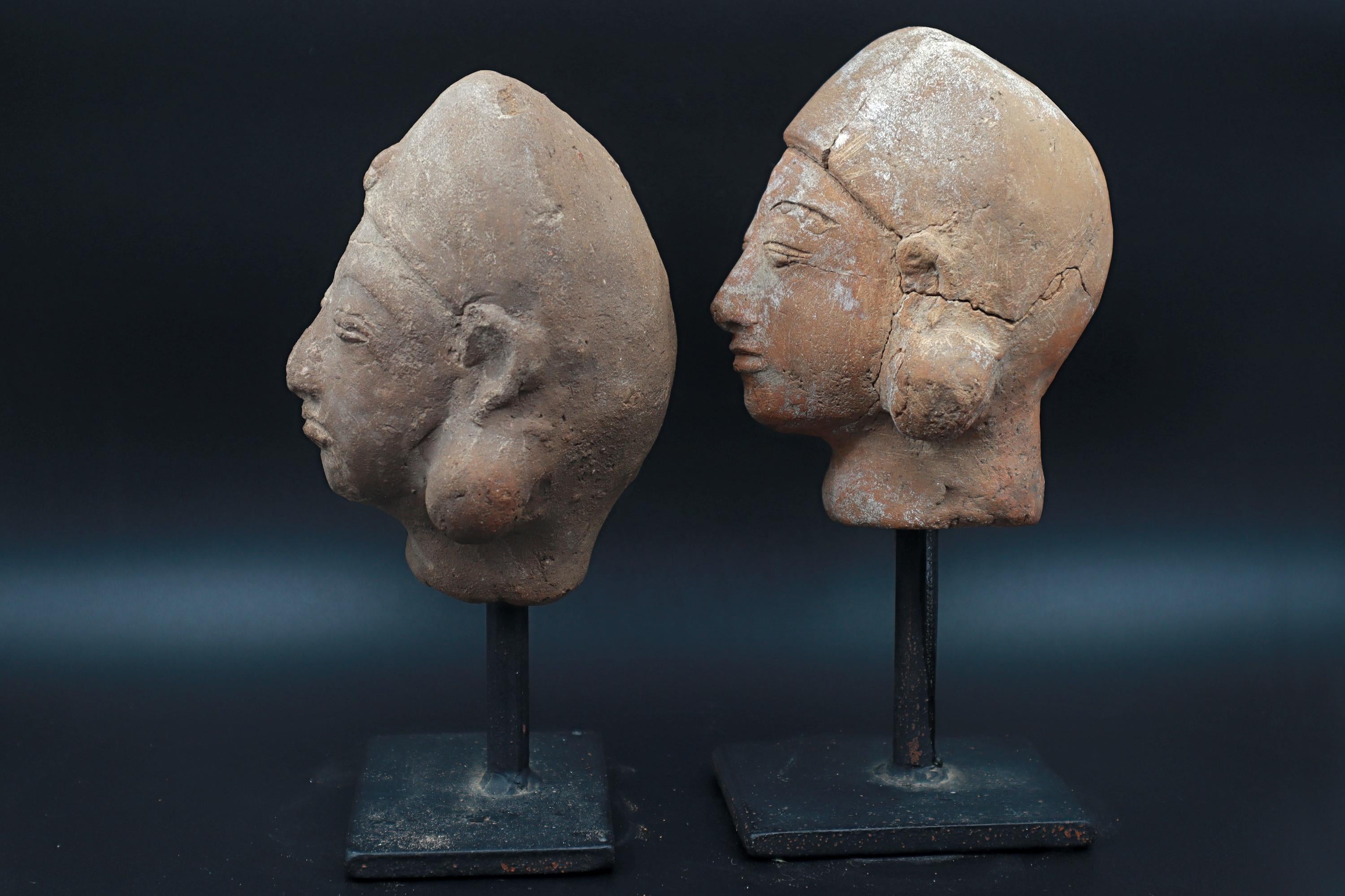 Majapahit Terracotta Heads, A Pair Of Female Sculptures On Metal Stands, East Java, Indonesia, Ethnic Southeast Asia Home Decoration Accents