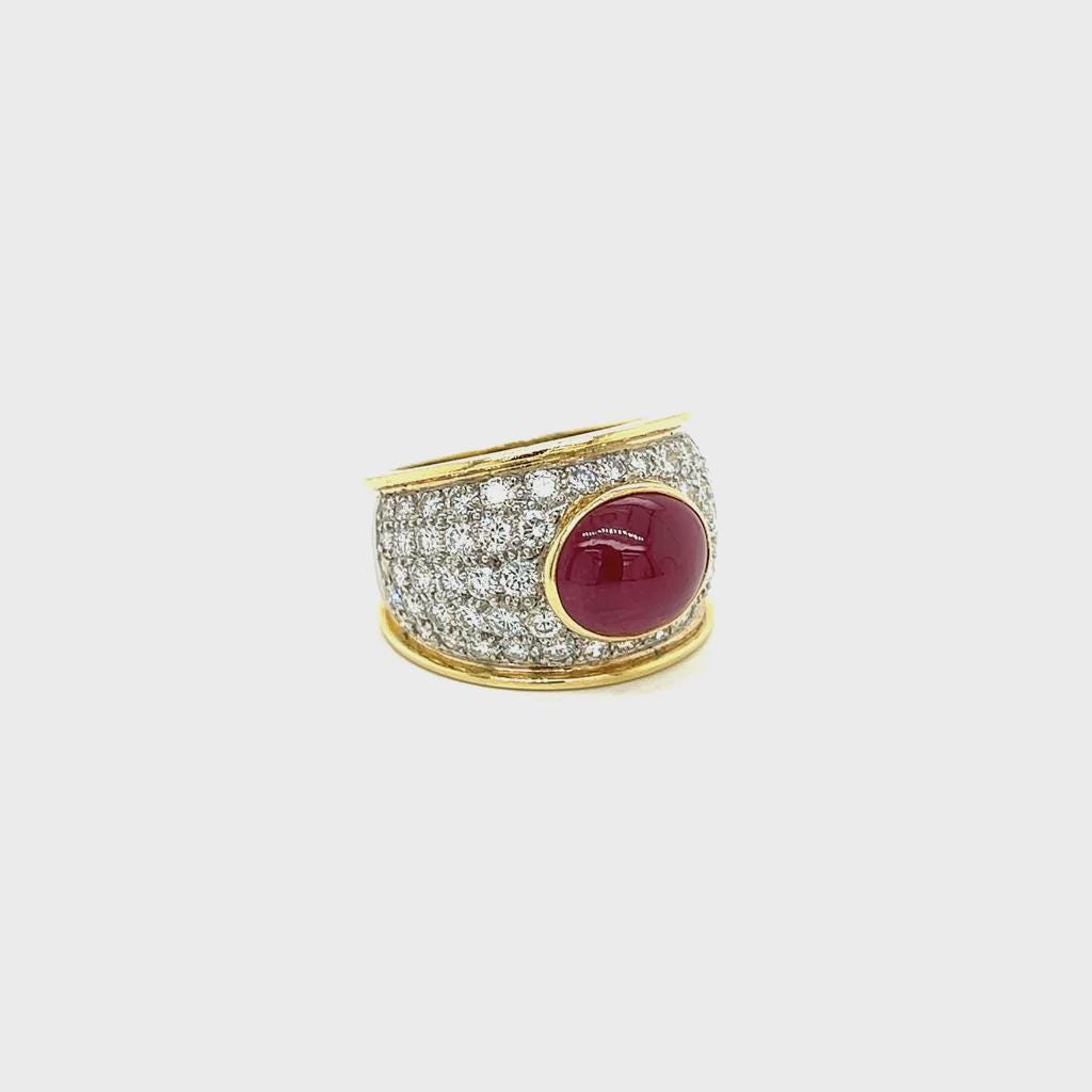 Wide Band Ring For Woman, 18 Karat Yellow Gold Ring Size 8.5 With Ruby And 6ctw White Diamonds Jewelry GIA Certificate, Weight 17.5 Grams
