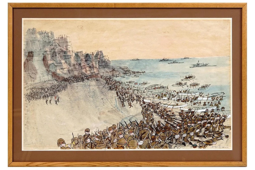 Watercolor And Ink On Paper Painting By Robert Andrew Parker, Battle Of The Bulgarian And British Armies On A Seashore Landscape