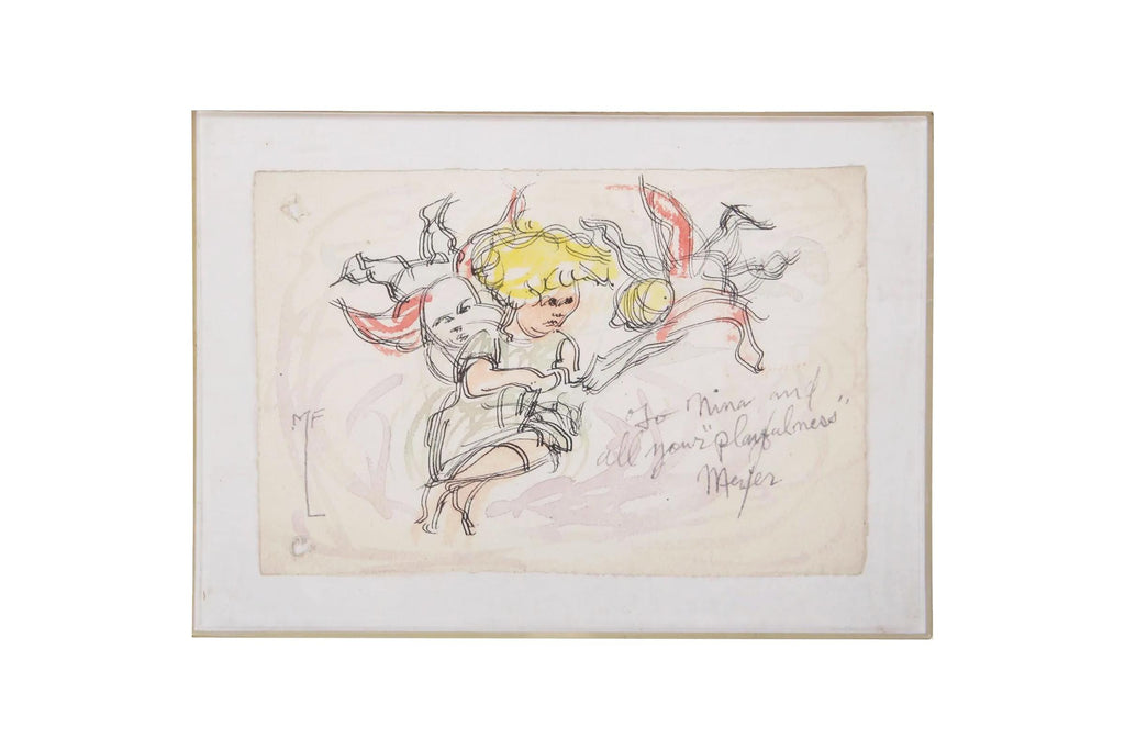 Meyer Frank Lieberman Mixed Media Ink And Watercolor Drawing Painting On Paper, Children And Angels, Hand Signed Contemporary Judaica Art