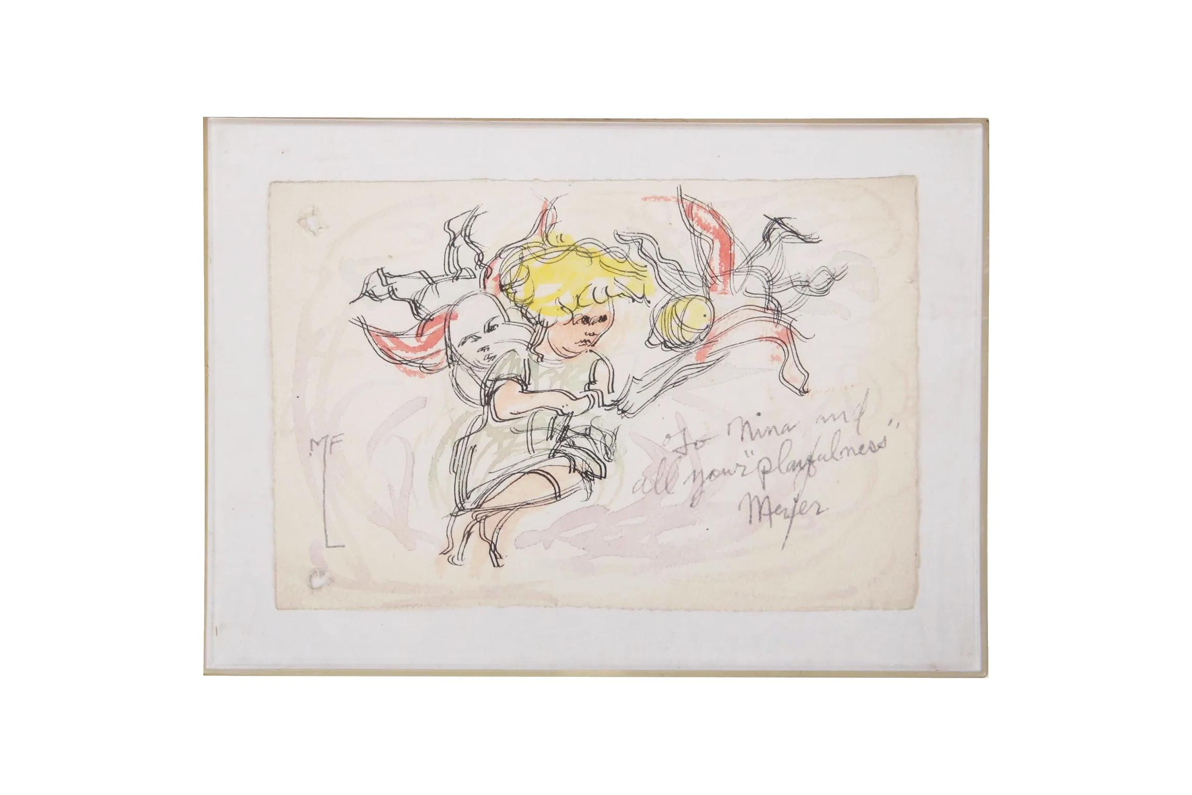 Meyer Frank Lieberman Mixed Media Ink And Watercolor Drawing Painting On Paper, Children And Angels, Hand Signed Contemporary Judaica Art