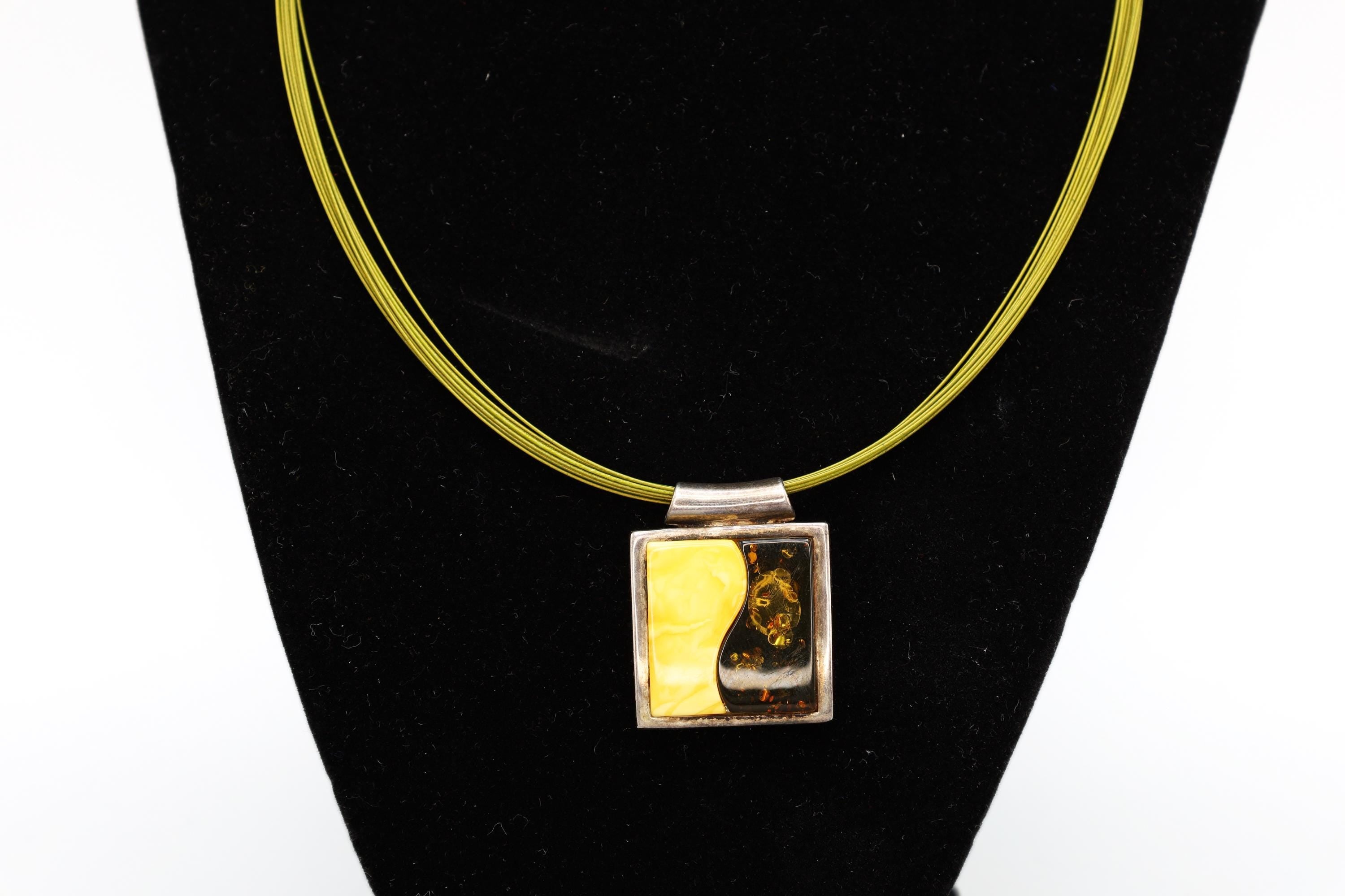 Modernist Jewelry Set, Baltic Amber, Sterling And Wire, A Pendant Necklace And Large Stud Earrings, Wavy Design, Retro Fashion Accessories