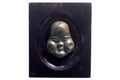 Antique Early 20th Century Taisho Era Japan Decorative Wall Hanging Mask. Okame Otafuku Bronze Miniature Figure On Art Deco Wooden Frame