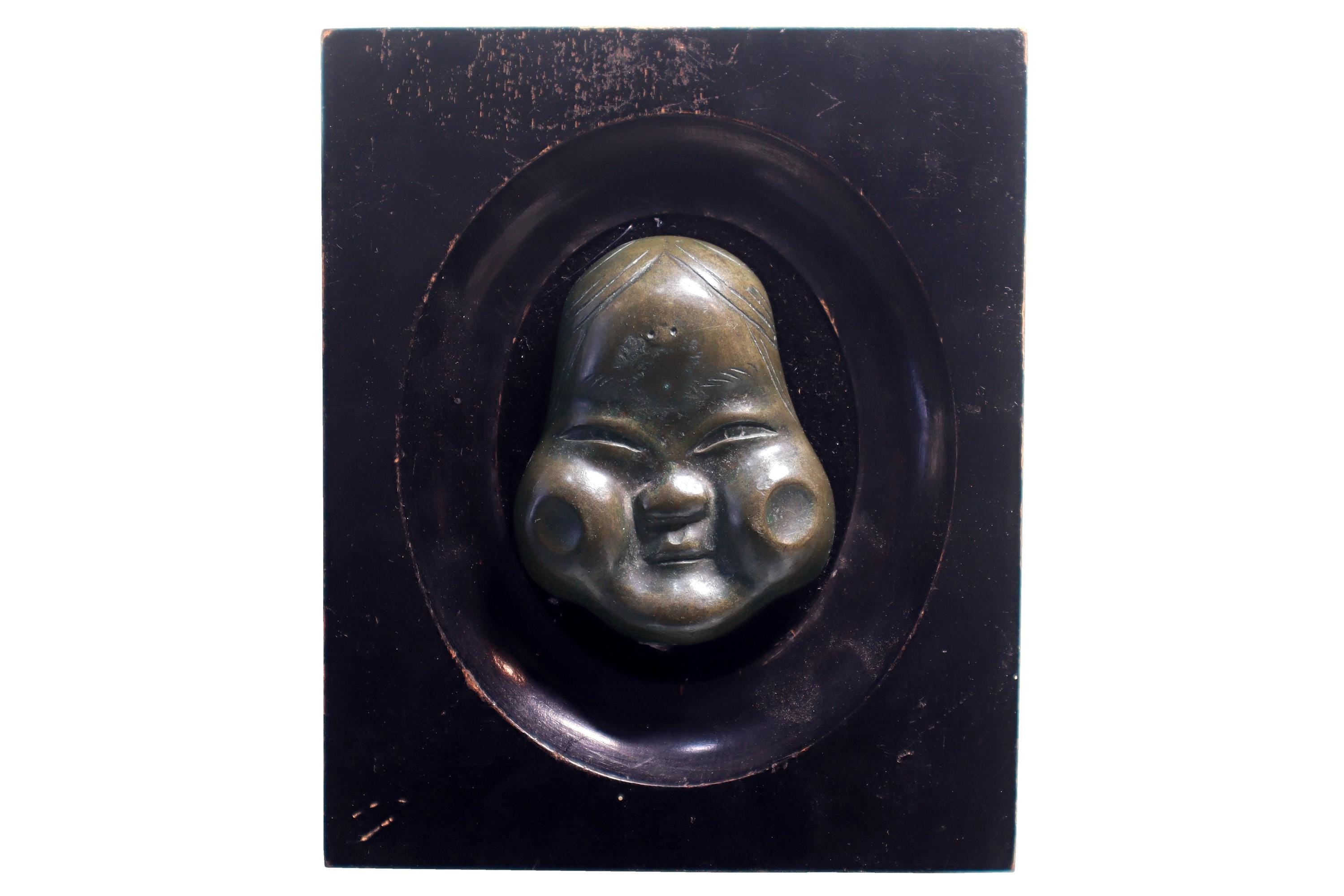 Antique Early 20th Century Taisho Era Japan Decorative Wall Hanging Mask. Okame Otafuku Bronze Miniature Figure On Art Deco Wooden Frame