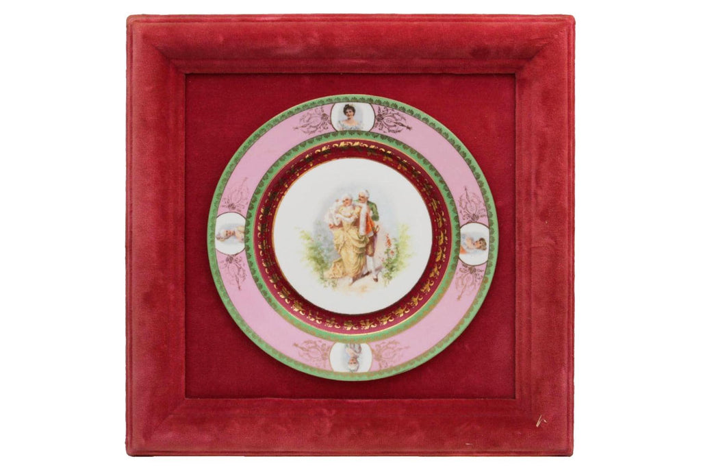 Rococo Loving Couple In Romantic Scene, A Continental Cabinet Porcelain Plate In The Style Of Vienna, Austria, Glued To Velvet Frame