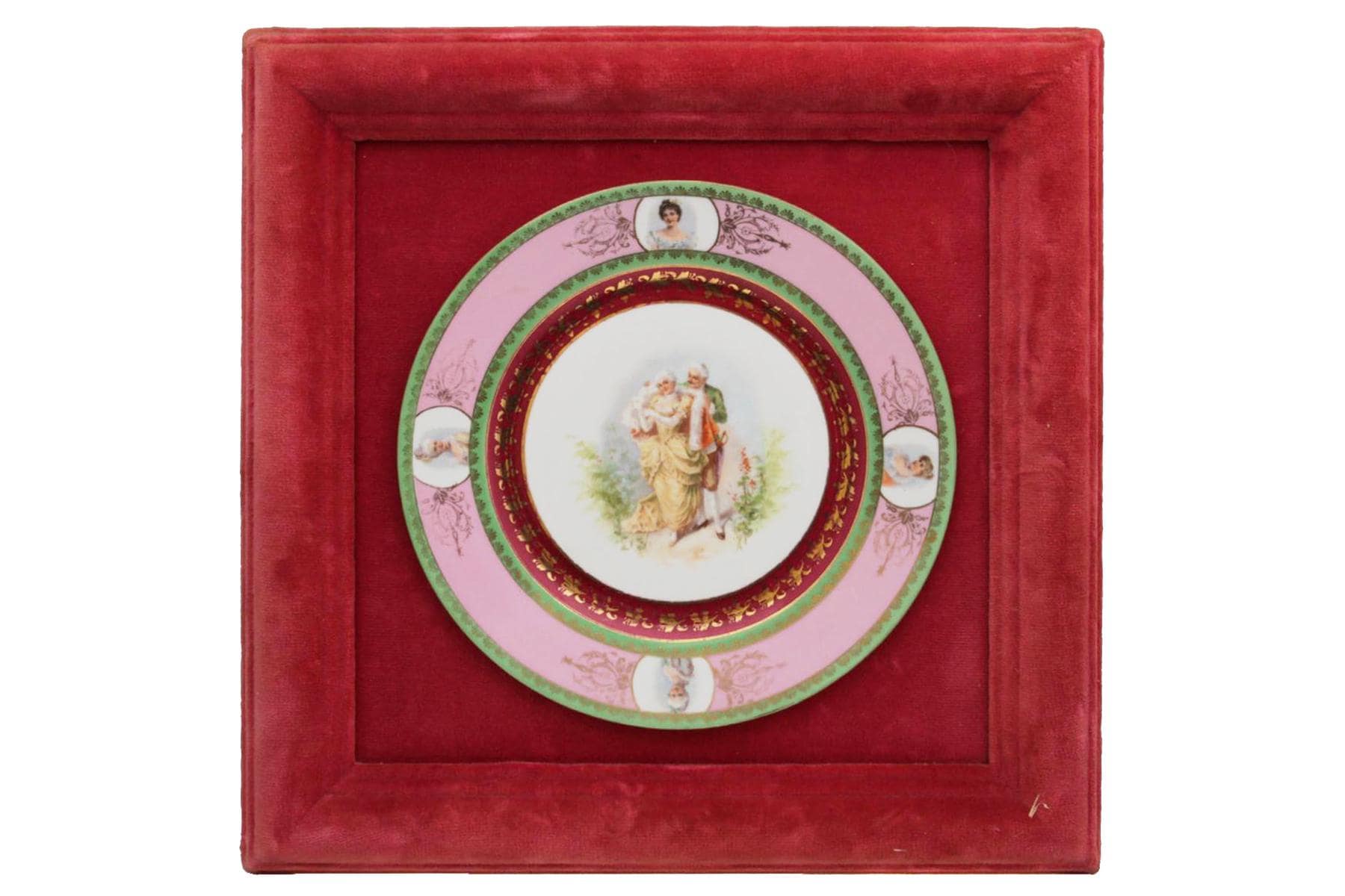 Rococo Loving Couple In Romantic Scene, A Continental Cabinet Porcelain Plate In The Style Of Vienna, Austria, Glued To Velvet Frame
