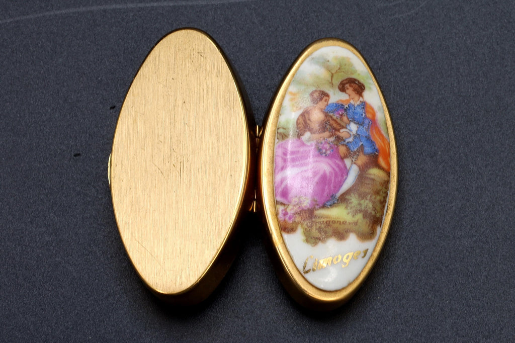 Limoges France, Small Oval Shaped Pill Box, Hand Painted Porcelain And Brass, Mid Century Box In A Rococo Art Style