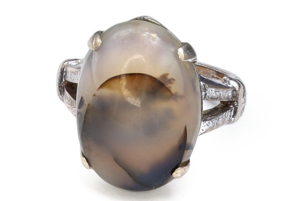 Clark and Coombs Jewelry, Sterling Silver And Moss Agate Ring Size 4 With Jeweler Hallmarks, Art Deco Fashion Accessories, Retro Americana