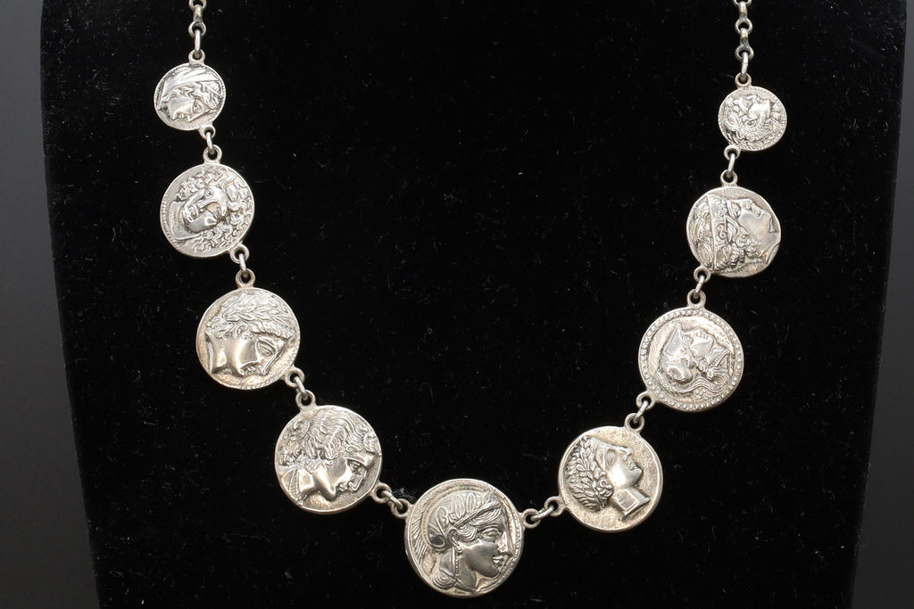 Ancient Greek Coins Necklace, A Vintage 800 Silver Bib Chain Medallion Panel Necklace From Germany, Circa 1960s Fashion Jewelry Accessories