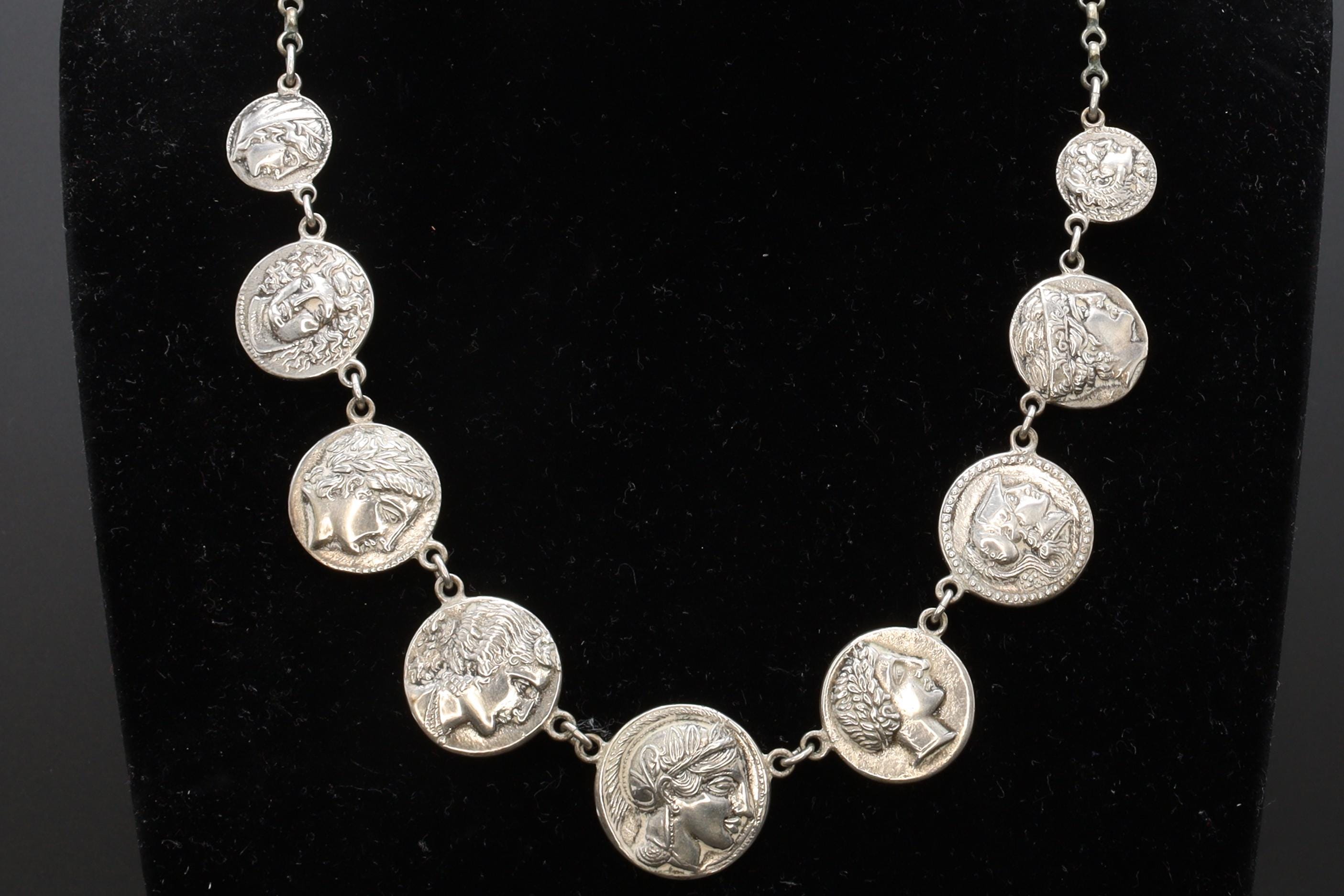 Ancient Greek Coins Necklace, A Vintage 800 Silver Bib Chain Medallion Panel Necklace From Germany, Circa 1960s Fashion Jewelry Accessories