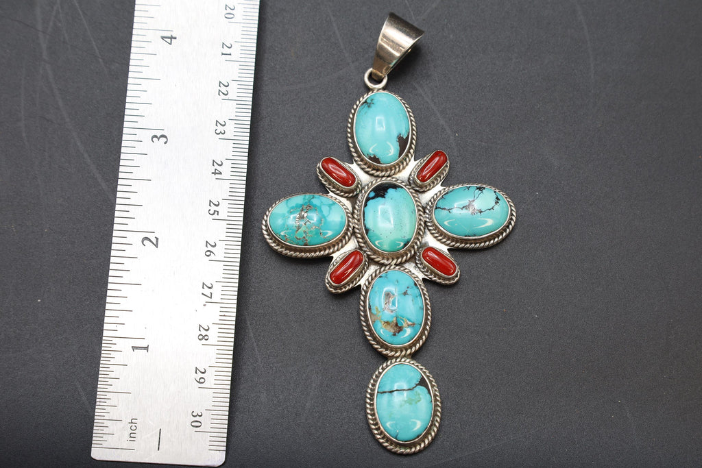 Native American Large Cross Pendant By DEAN BROWN, Signed Sterling Silver With Natural Blue Turquoise And Red Coral