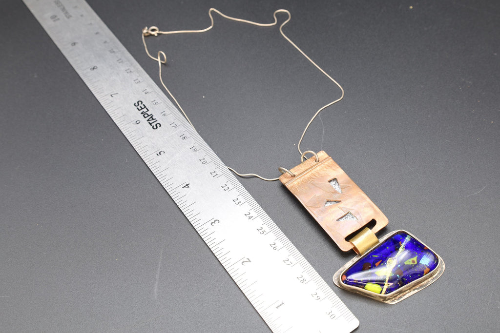 Handmade Brutalist Pendant Necklace, Dichronic Glass, 925 Sterling Silver And Copper, California USA Modernist Fashion Accessories Jewelry
