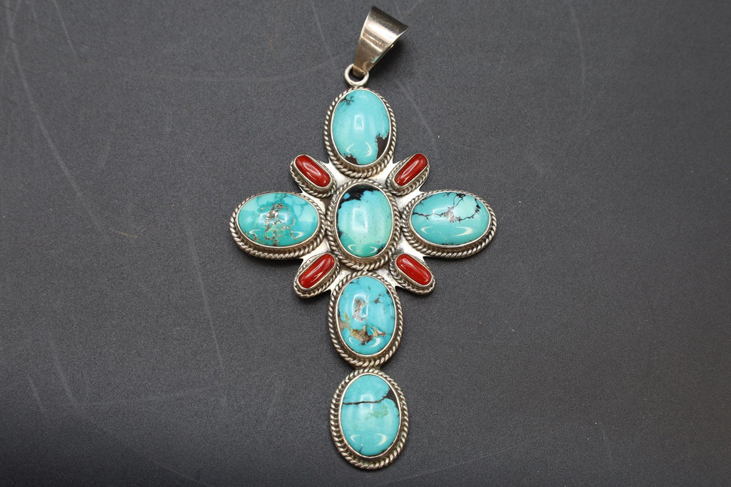 Native American Large Cross Pendant By DEAN BROWN, Signed Sterling Silver With Natural Blue Turquoise And Red Coral