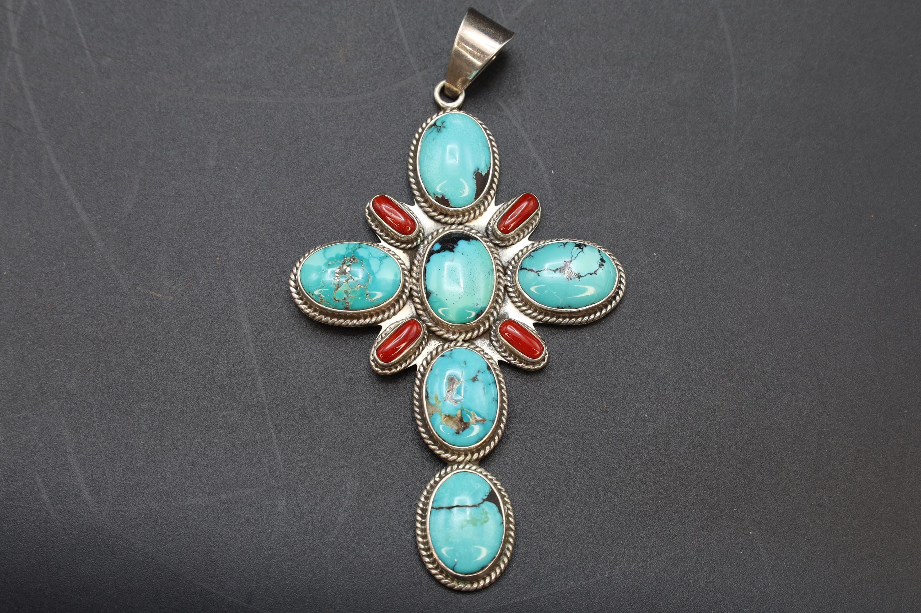 Native American Large Cross Pendant By DEAN BROWN, Signed Sterling Silver With Natural Blue Turquoise And Red Coral