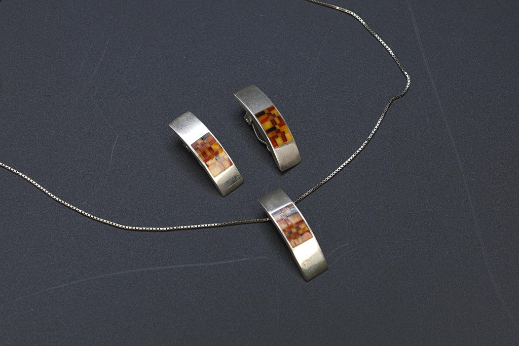 Jewelry Set By Jadwiga Zaremska, Gdansk Poland, Mosaic Baltic Amber And 925 Sterling Silver, Signed With Hallmarks, Necklace And Earrings