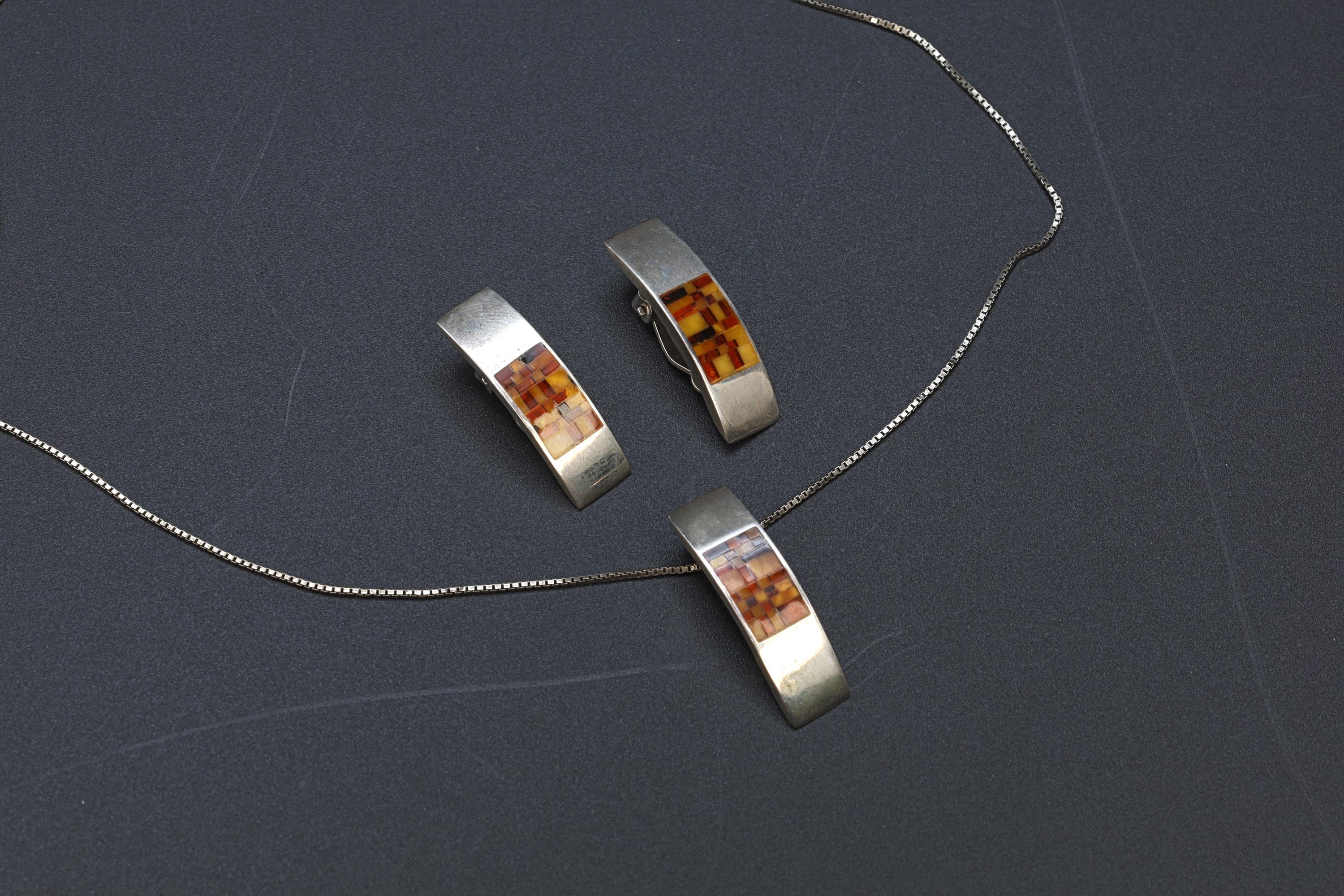 Jewelry Set By Jadwiga Zaremska, Gdansk Poland, Mosaic Baltic Amber And 925 Sterling Silver, Signed With Hallmarks, Necklace And Earrings