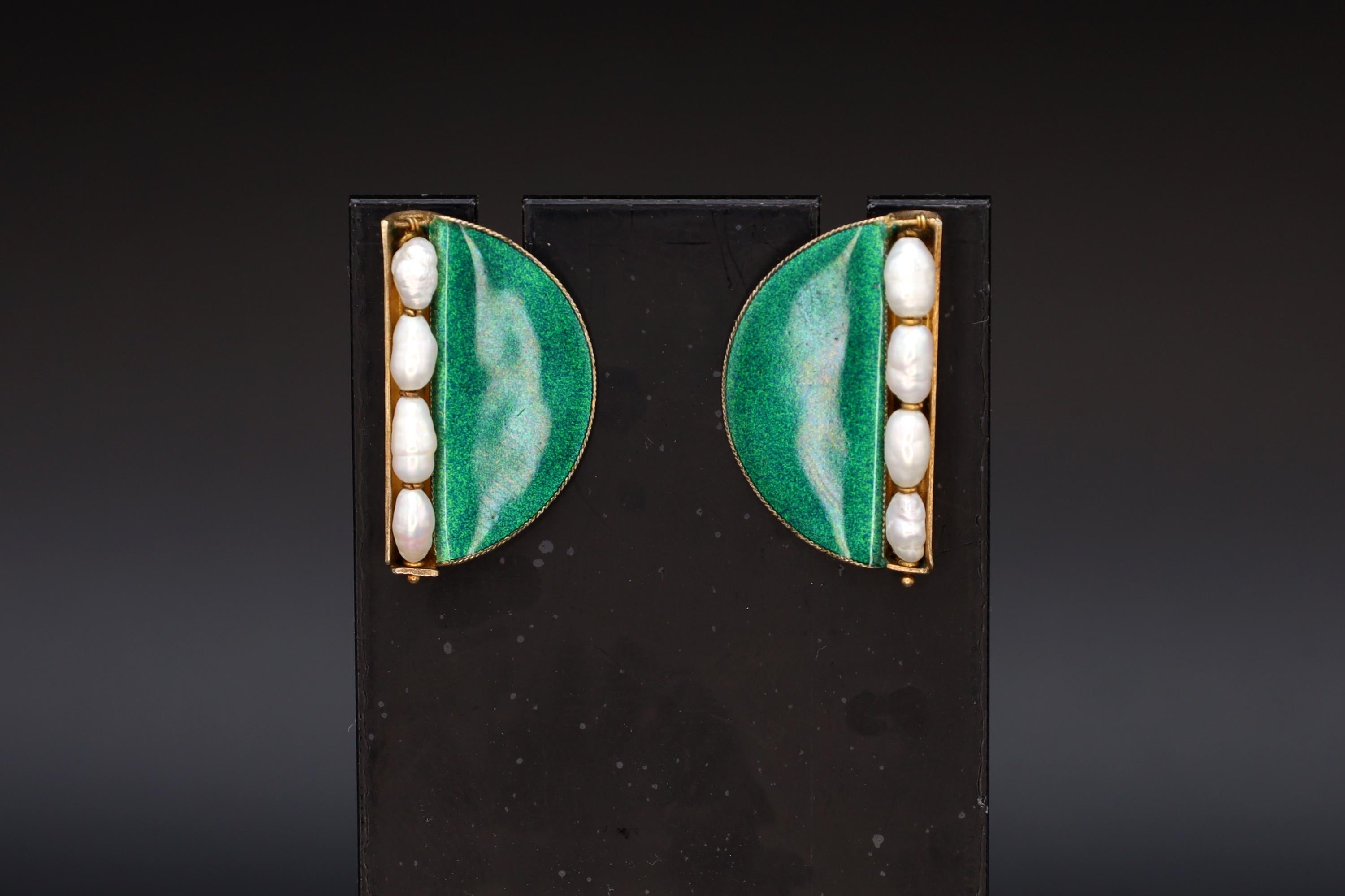 Large Stud Earrings, Green Enamel And Fresh Water Pearls, Gold Gilt Vermeil On Sterling, Modernist Design, Vintage Fashion Accessories