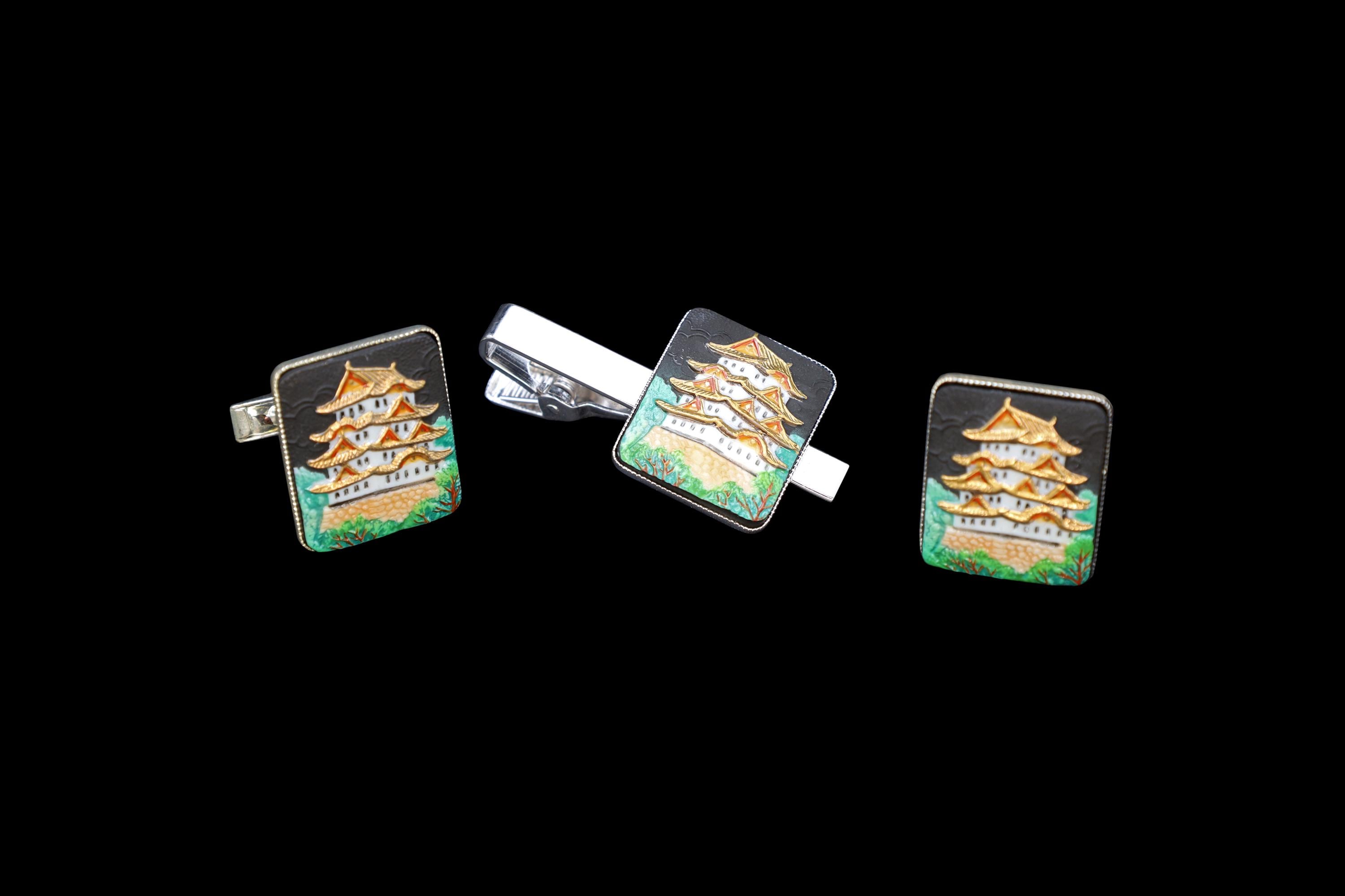Toshikane Cufflinks, Sterling Silver And Porcelain, Chureito Pagoda, Chastain Tower, Fujiyoshida Cenotaph, Fashion Accessories And Jewelry
