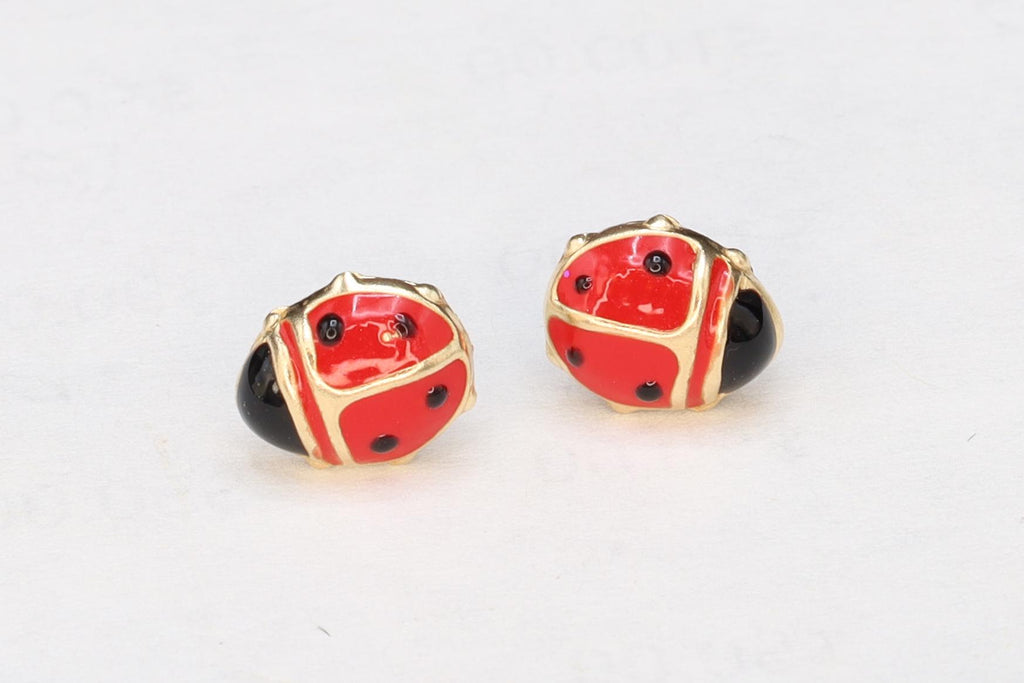 Ladybird Beetle, Small Baby Stud Earrings, Made Out With 14 Karats Yellow Gold And Colorful Enamel In Red Black, Children Jewelry