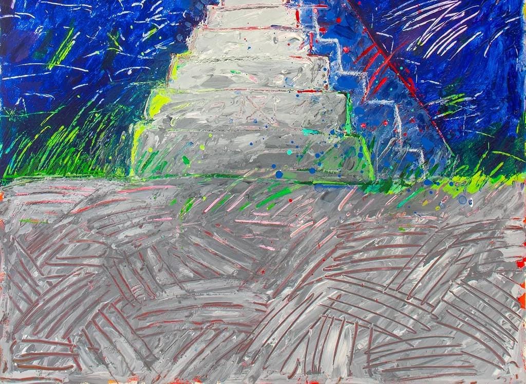 Elfi Schuselka Pyramid Architecture, Expressionist Art Painting Acrylic On Paper Of A Zigurat On A Landscape, Austrian American Artist