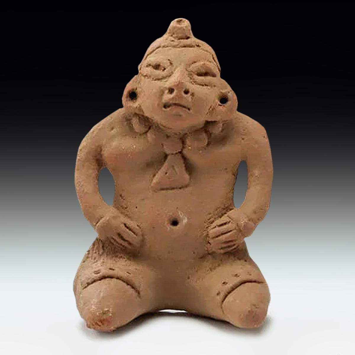 Pre Columbian Mexico. Ancient Proto-Maya Yucatec Ceramic Figure, Circa 300 BCE, Female Statuette In A Seated Pose, Antiquities