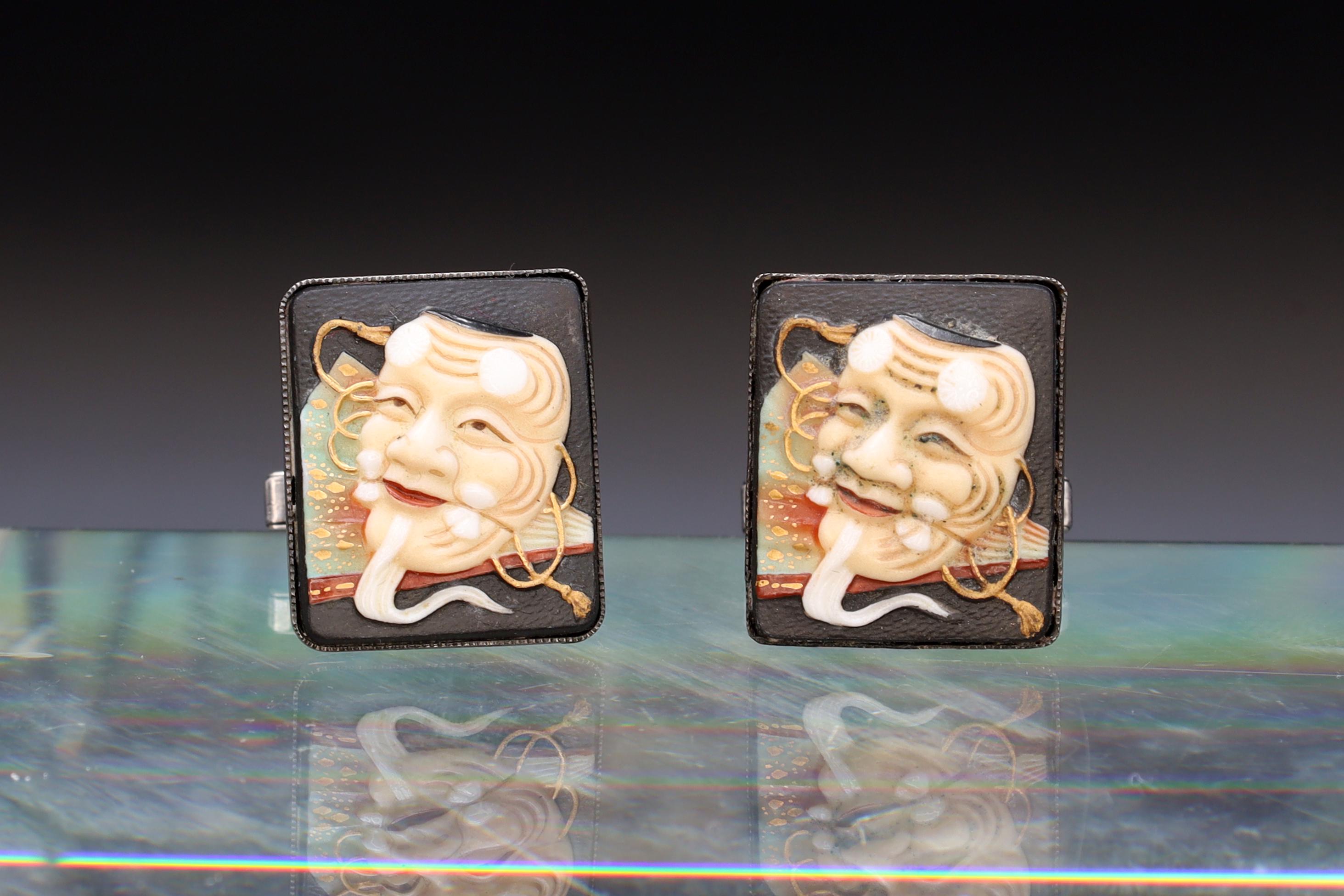 Toshikane Cufflinks, Sterling Silver And Porcelain, Okina Noh Theatre From Japan Hakushiki-jo Mask, Happy Old White Man, Fashion Accessories