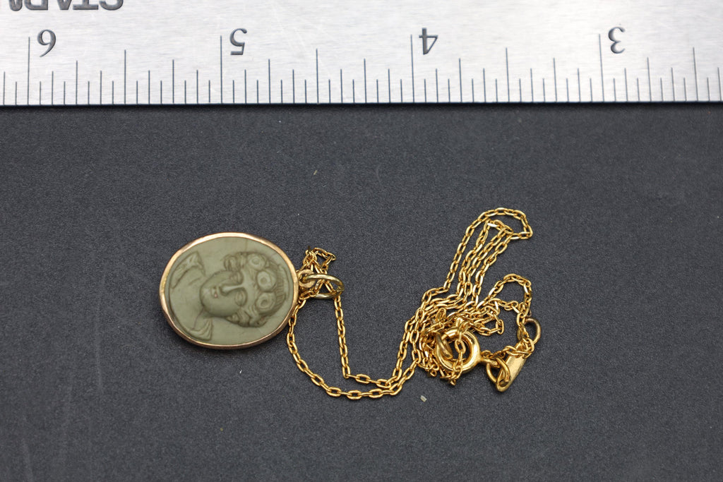 Carved Volcanic Lava Cameos On 13 Karats Rose Gold Pendant, Medusa Gorgoneion And Female Patrician, Gold Wash Chain, Grand Tour Jewelry
