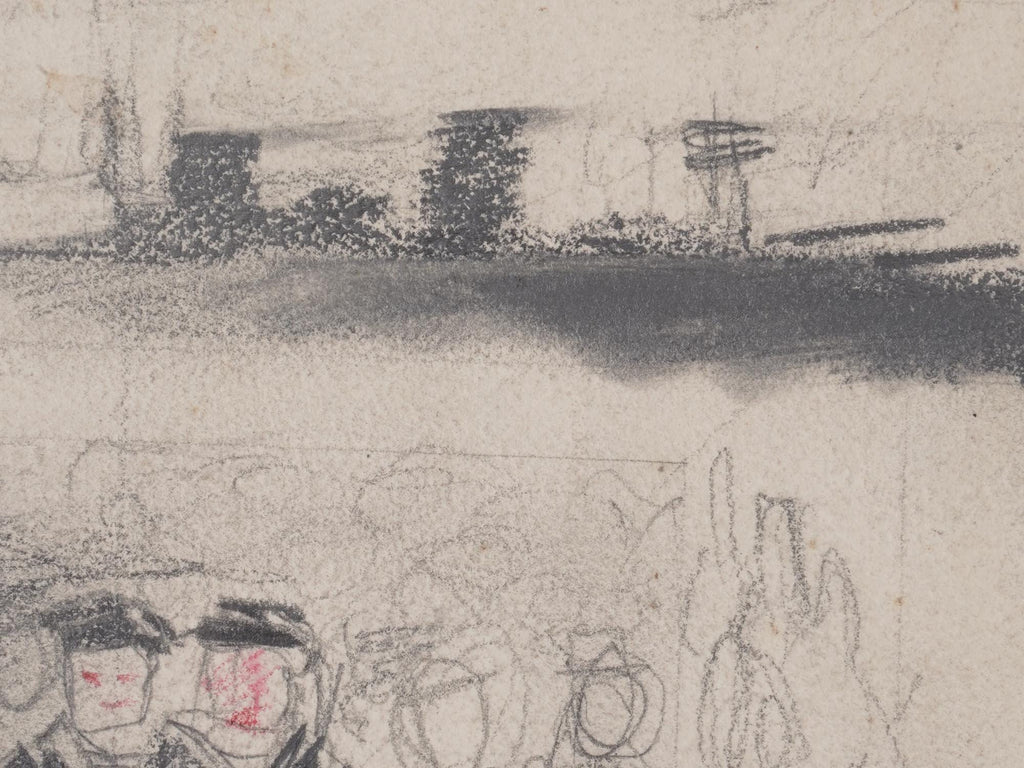 Konstin Vialov, Vintage 1930s Russia, Soviet Union Art, Handmade Sketch Pencil Painting On Thick Paper, Military Warships, Signed On Verso
