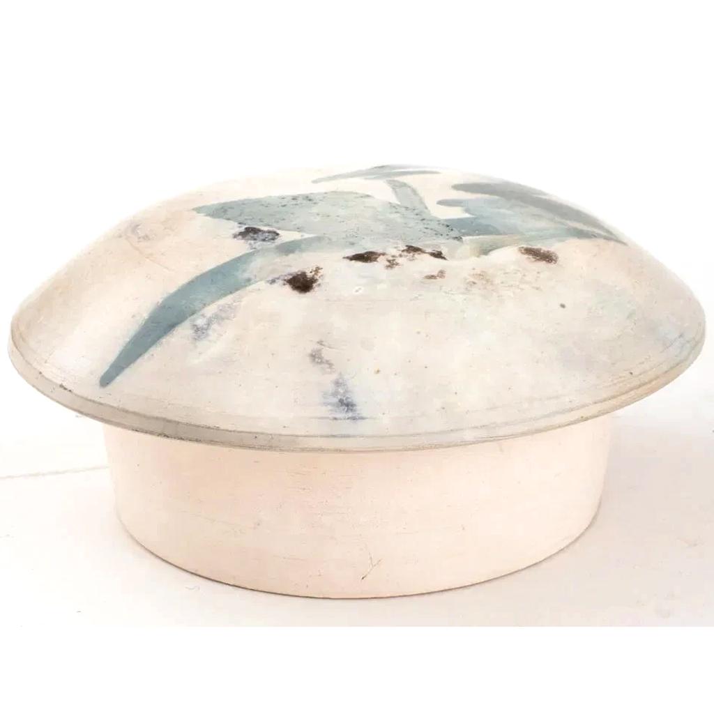 Andre Namenek, Abstract Contemporary Design Art Pottery Covered Jar, 1989 Signed. A Round Brutalist Modernist Jar With White And Blue Glaze