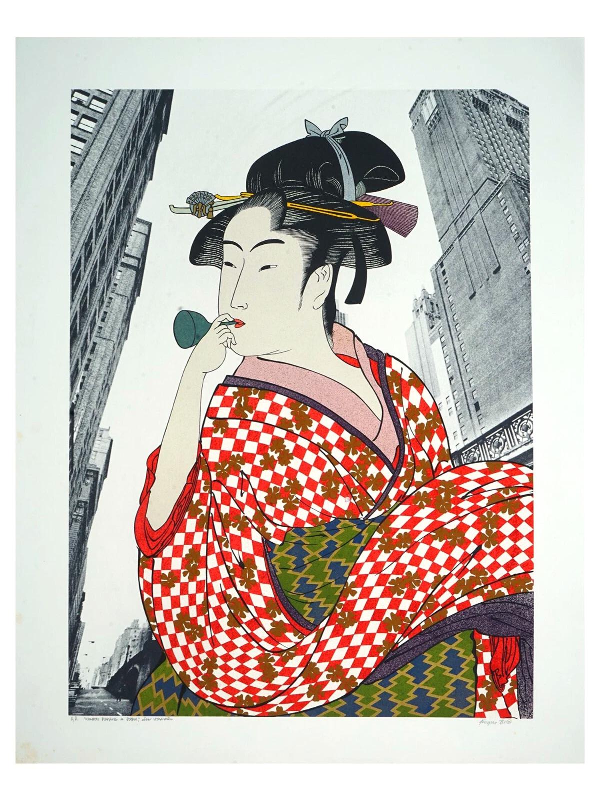 Japanese Geisha In Grand Central, NYC 1981. Color Serigraph Print On Paper By Michael Jay Knigin, Hand Signed