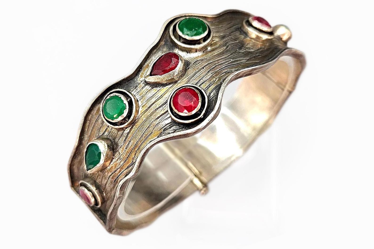 Vintage 1960s Hinged Panel Bracelet, Sterling Silver And Rubies And Emeralds, Custom Made As A Wedding Gift, London UK. Length 8 inches