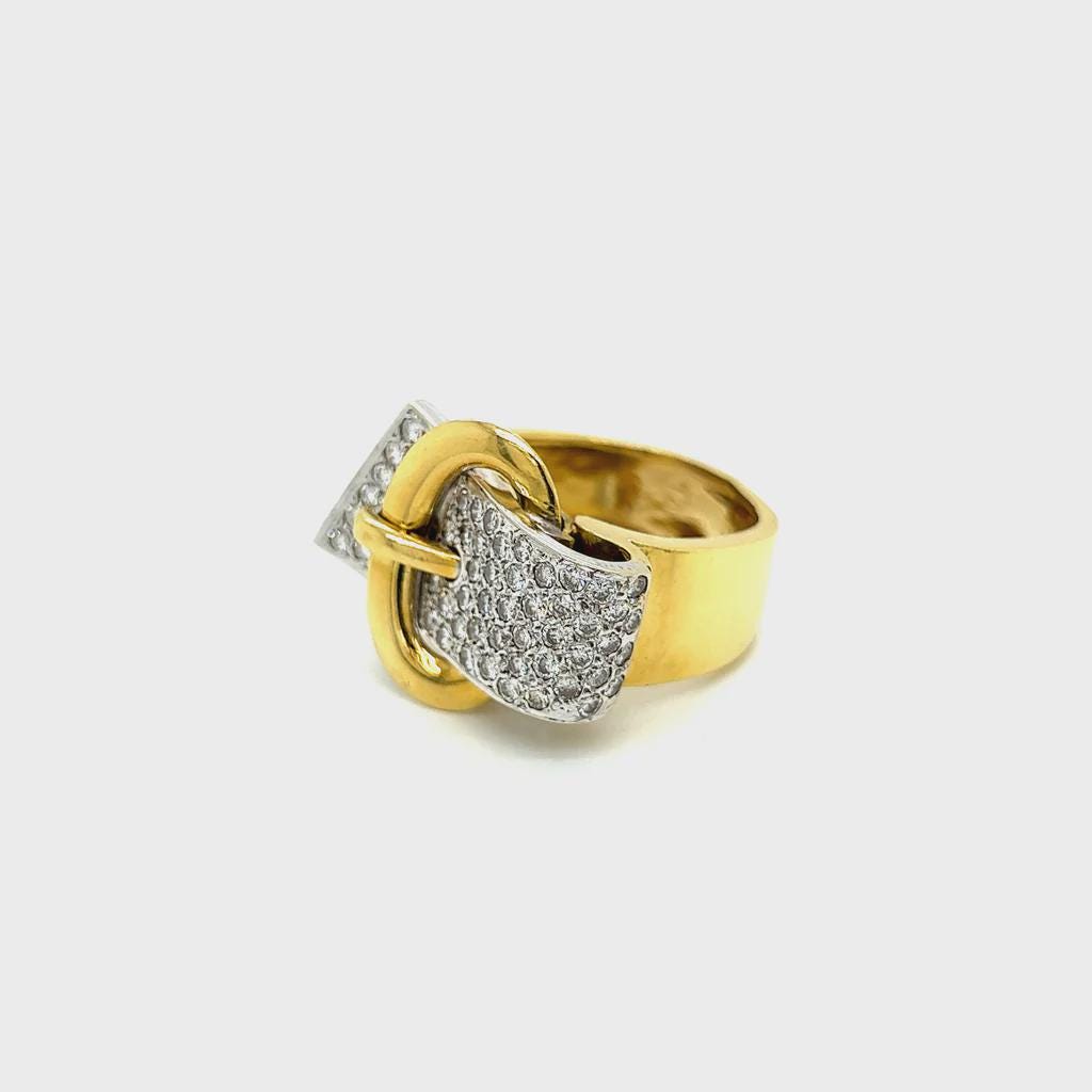 Belt Buckle Statement Ring For Woman, 18 Karat Yellow Gold Ring Size 10, With 3ctw Clear White Diamonds, Weight 15 Grams