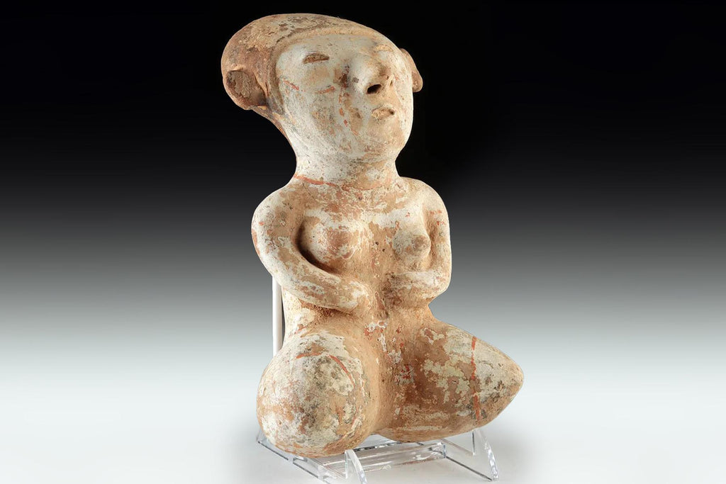 Ancient Pre Columbian Nayarit Pottery Female Sitting Figure, Chinesco Type 300 BCE to 300 AD, West Mexico, Mesoamerican Tomb Burial Art
