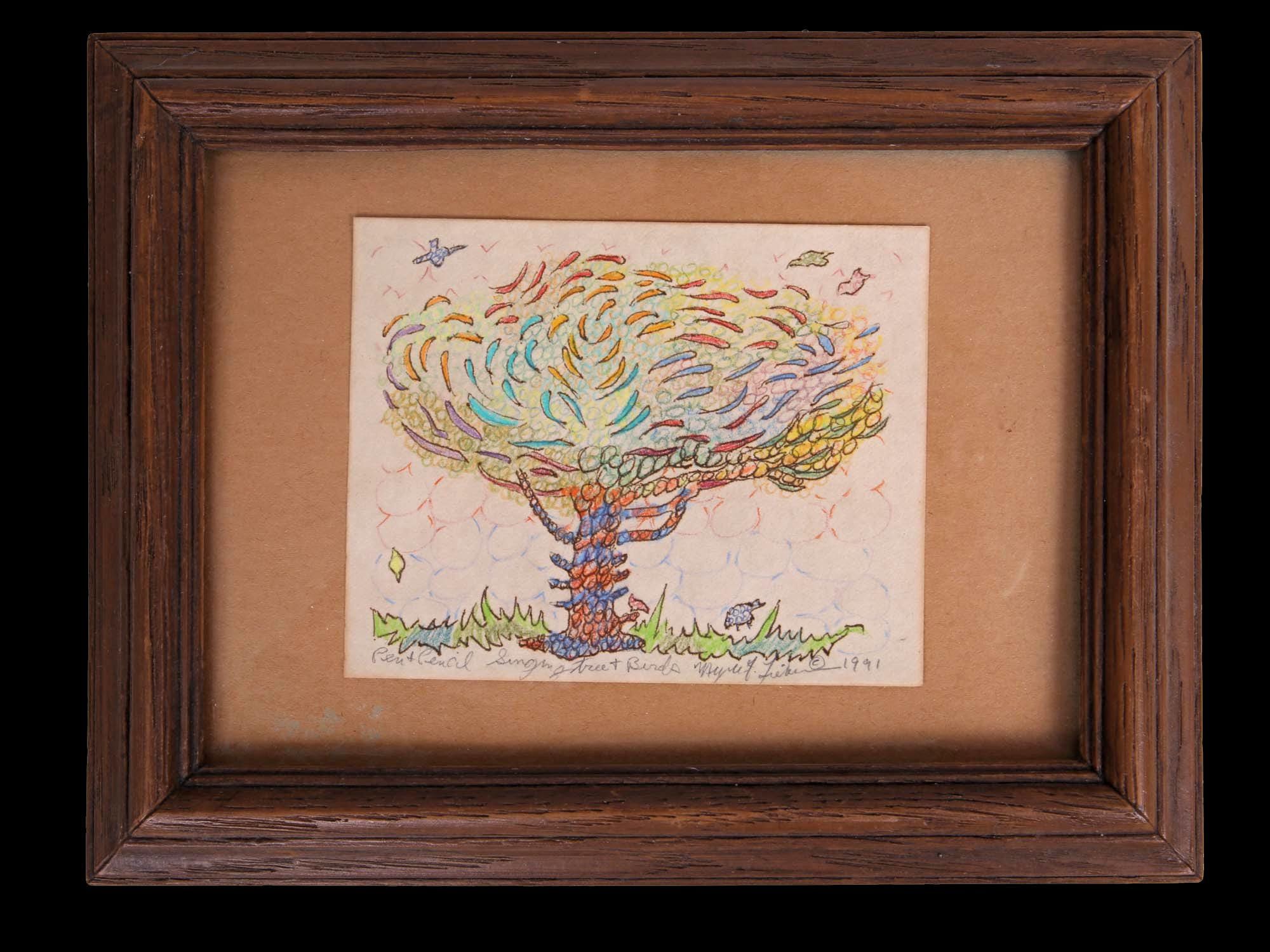 Meyer Frank Lieberman Mixed Media Ink Color Pencil Drawing Painting On Paper, Singing Tree and Birds, 1991 Signed Contemporary Judaica Art
