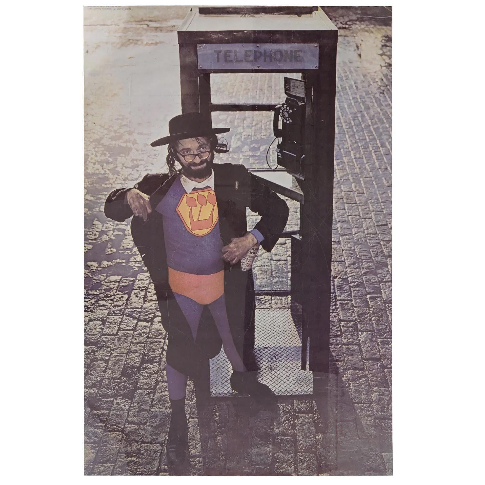 Super Jew Satirical Poster From The 1960s, Original Vintage Lithograph Print With A Hassidic Rabbi And A Telephone Booth, Harry Hamburg