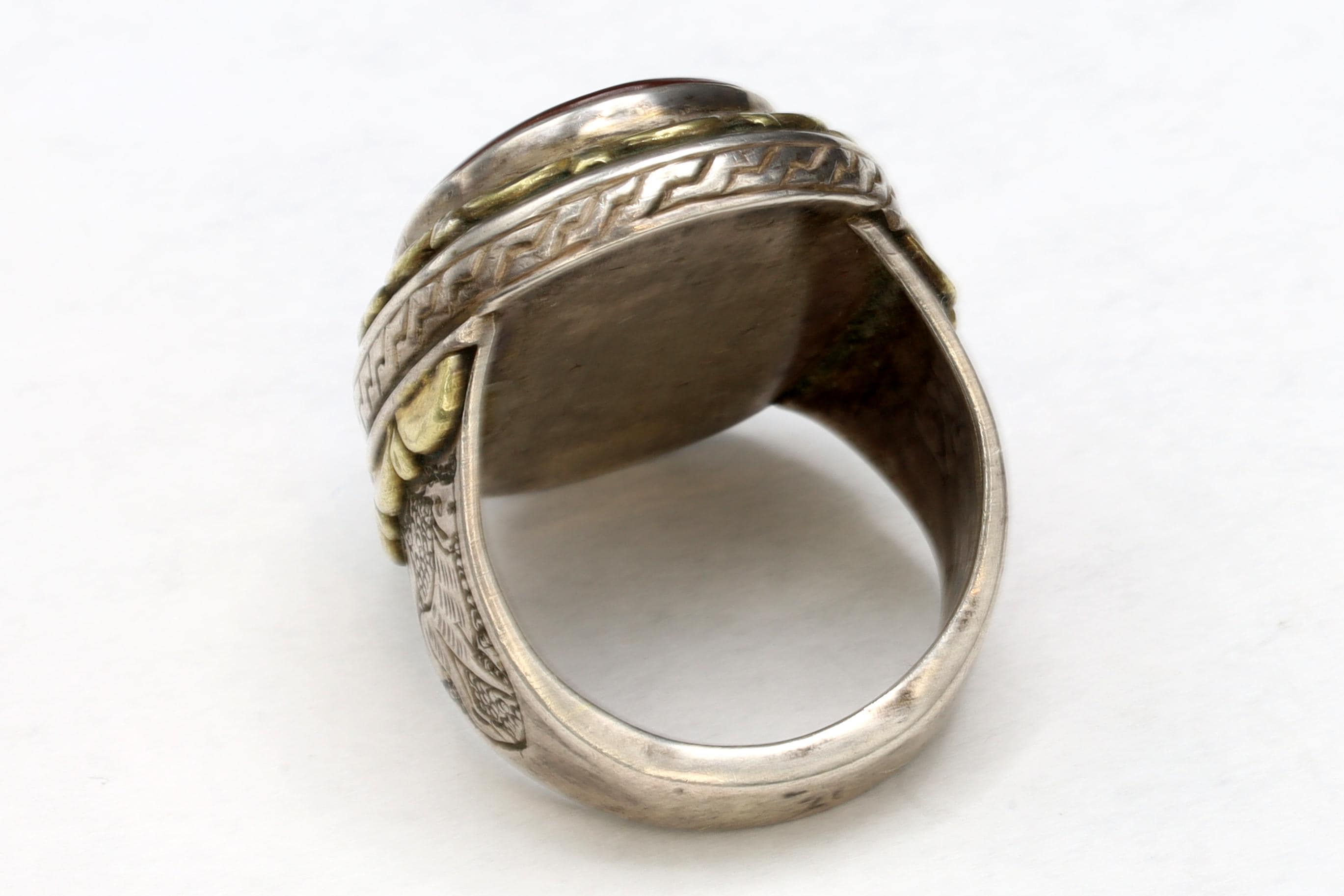 Carnelian Intaglio Cameo, Silver And Gold Ring Size 10, Mens Jewelry From The Middle East Around Late 19th Century, Folk Antiques Art