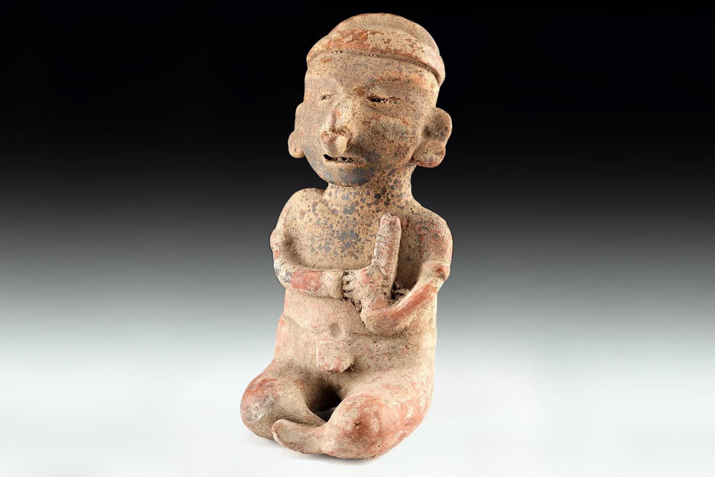 Ancient Pre Columbian Nayarit Pottery Sitting Musician Figure, Chinesco Type 300 BCE to 300 AD, West Mexico, Mesoamerican Tomb Burial Art