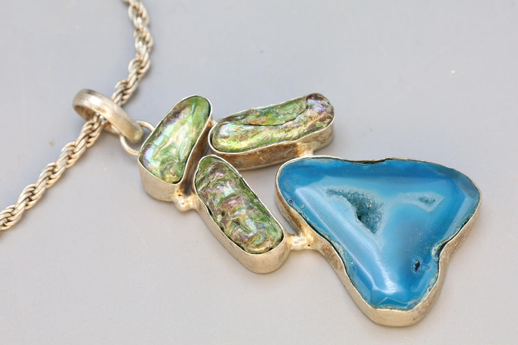 Vintage Sterling Silver Pendant Necklace, Blue Druzy Quartz And Freshwater Pearls In A Modernist Setting, Fashion Accessories And Jewelry