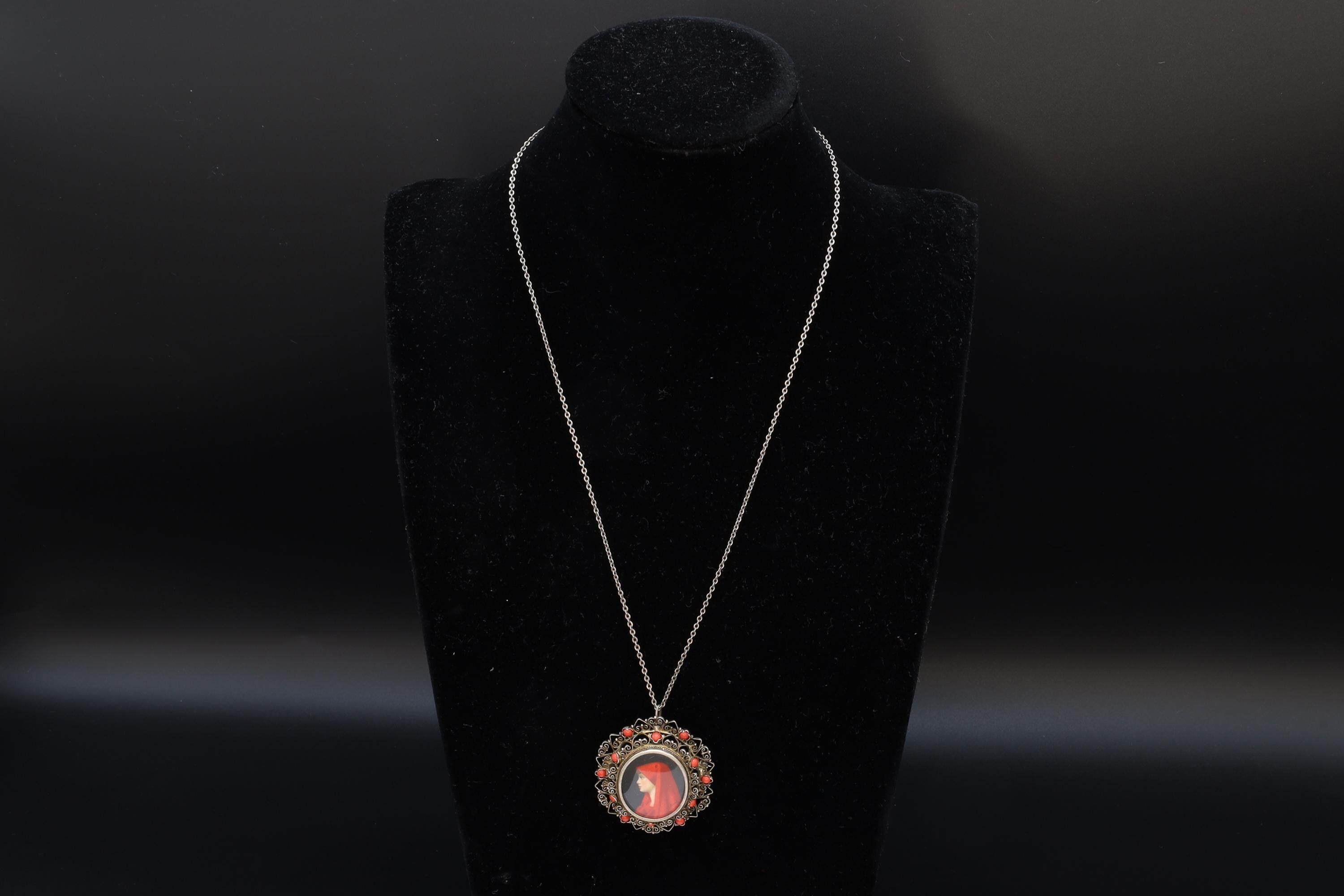Saint Fabiola Of Rome, Antique 800 Silver Brooch Pin With A Hand Painted Religious Icon Medaillon, Italy 925 Silver Rolo Chain Jewelry