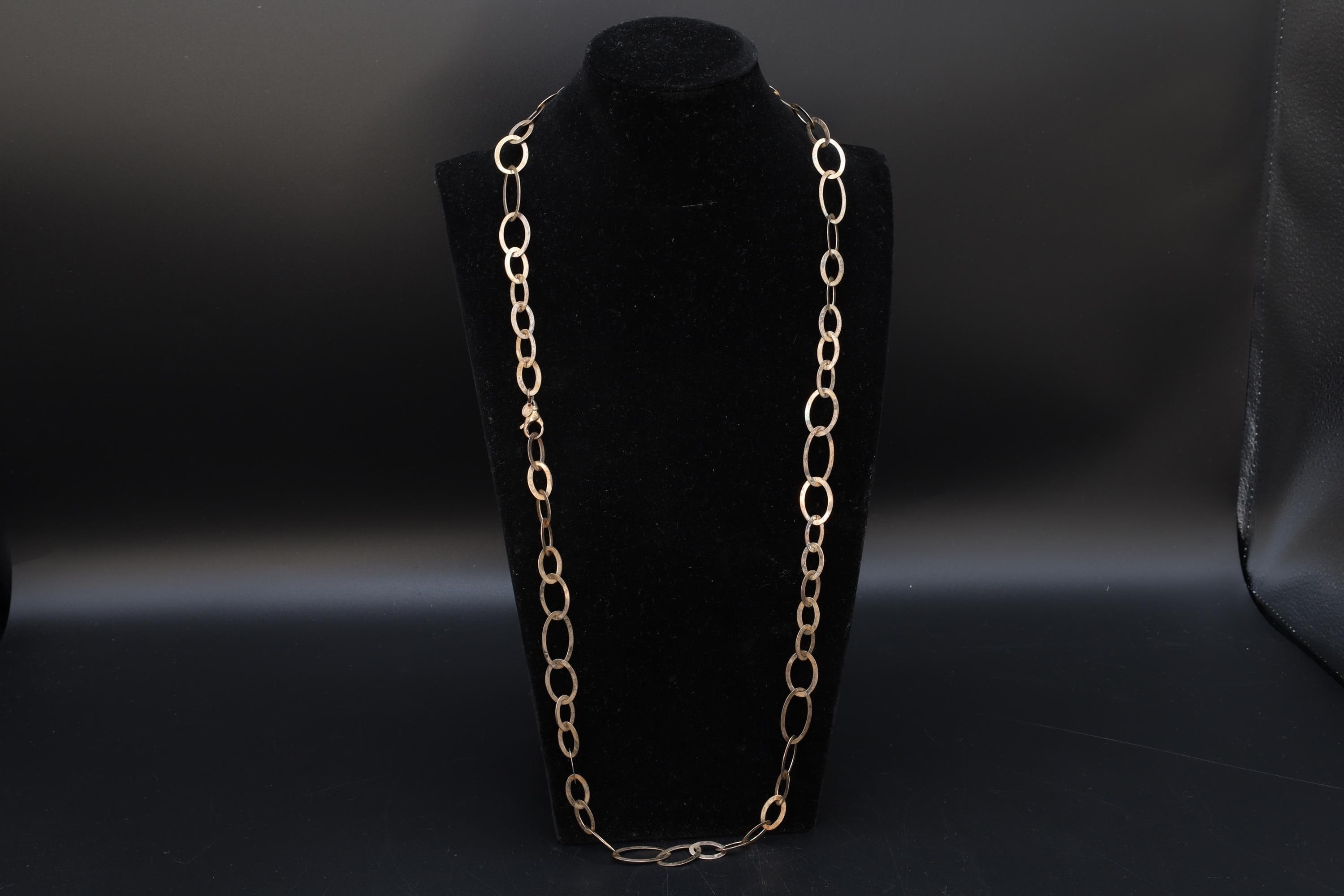 Rare Milor Italy Jewelry, A 950 Sterling Silver Flat Link Chain, XL Large 33 inches Length, Retro Vintage 1990s Fashion Accessories