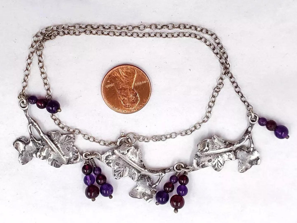Vintage Wedding Necklace, Sterling Silver And Amethyst Garnet Beads, Grape Vine Design, Round Graduated Beads, Fashion Accessories