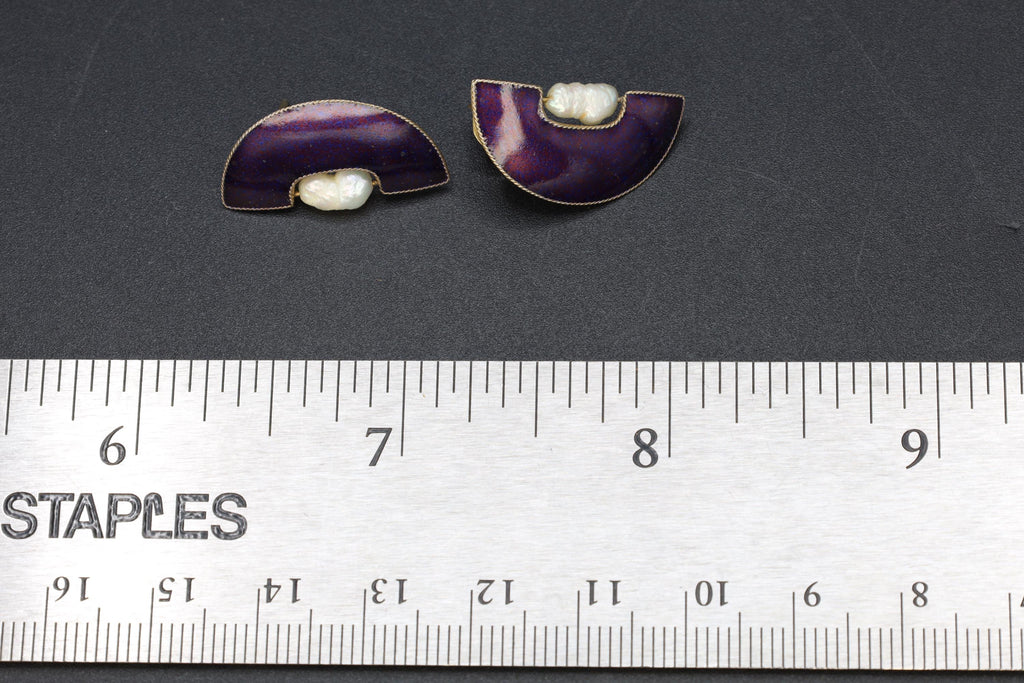 Stud Earrings, Purple Enamel And Fresh Water Pearls, Gold Gilt Vermeil On Sterling Silver, Vintage Fashion Accessories Modernist Design