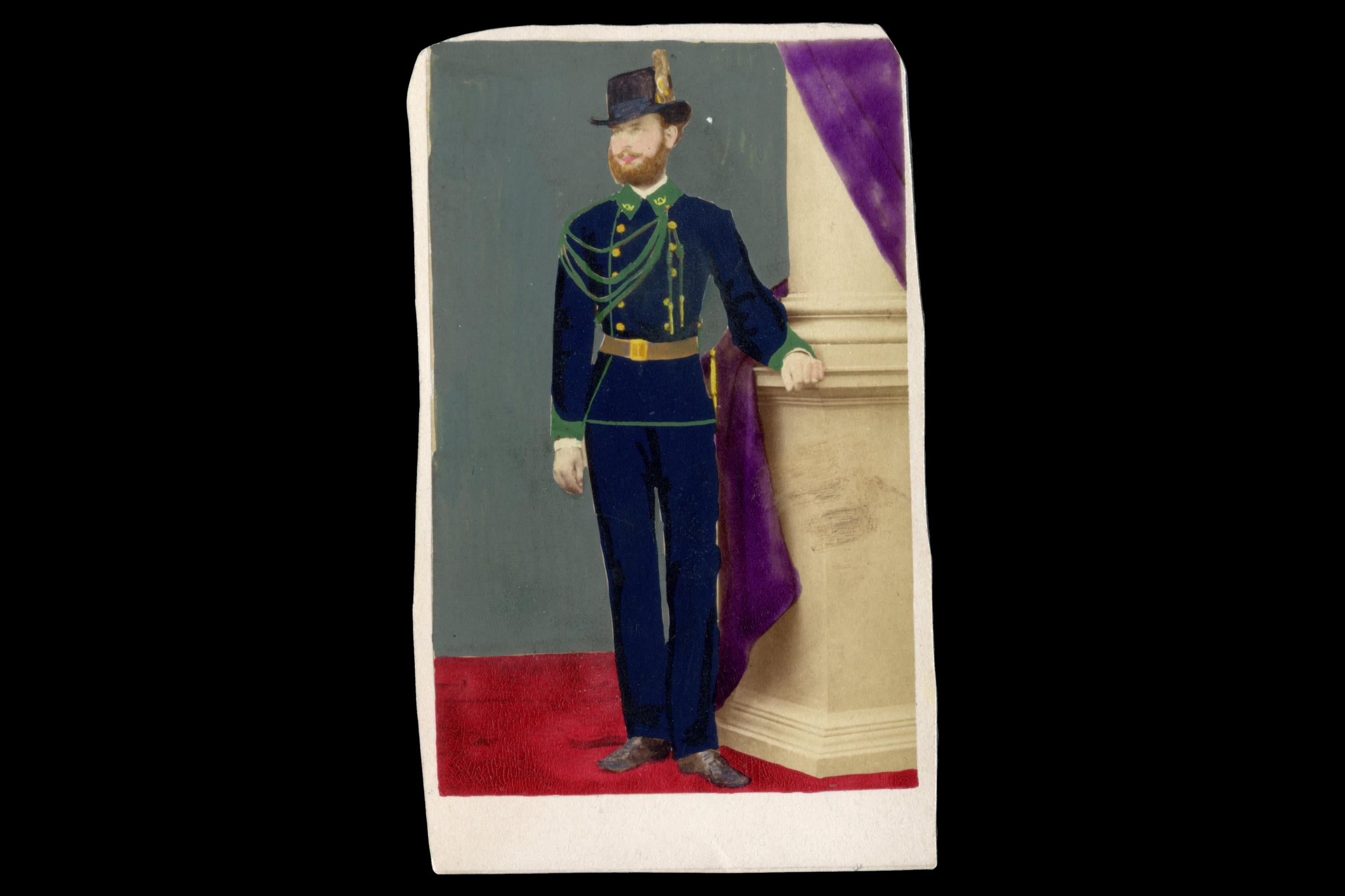 Antique 1870s Carte De Visite Hand Colored Cabinet Photo Of An Austrian Hungary Empire KK Landes Gendarmerie Underofficer In Parade